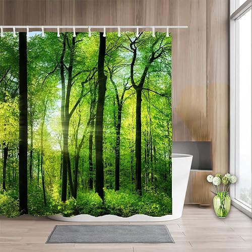 Miniatura 5 de Yeele Cortina de ducha de paisaje natural, árboles verdes, bosque, cortinas de baño, primavera, amanecer, selva, paisaje, impermeable, decoración de