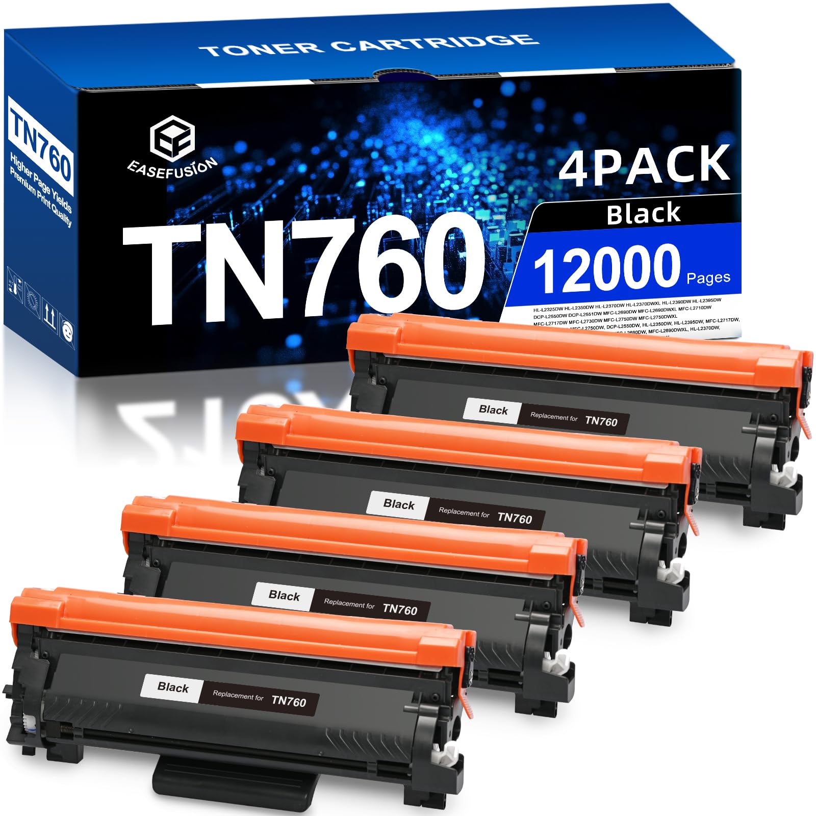 Replacement for Brother TN760 High Yield Black Toner Cartridge 4-Pack
