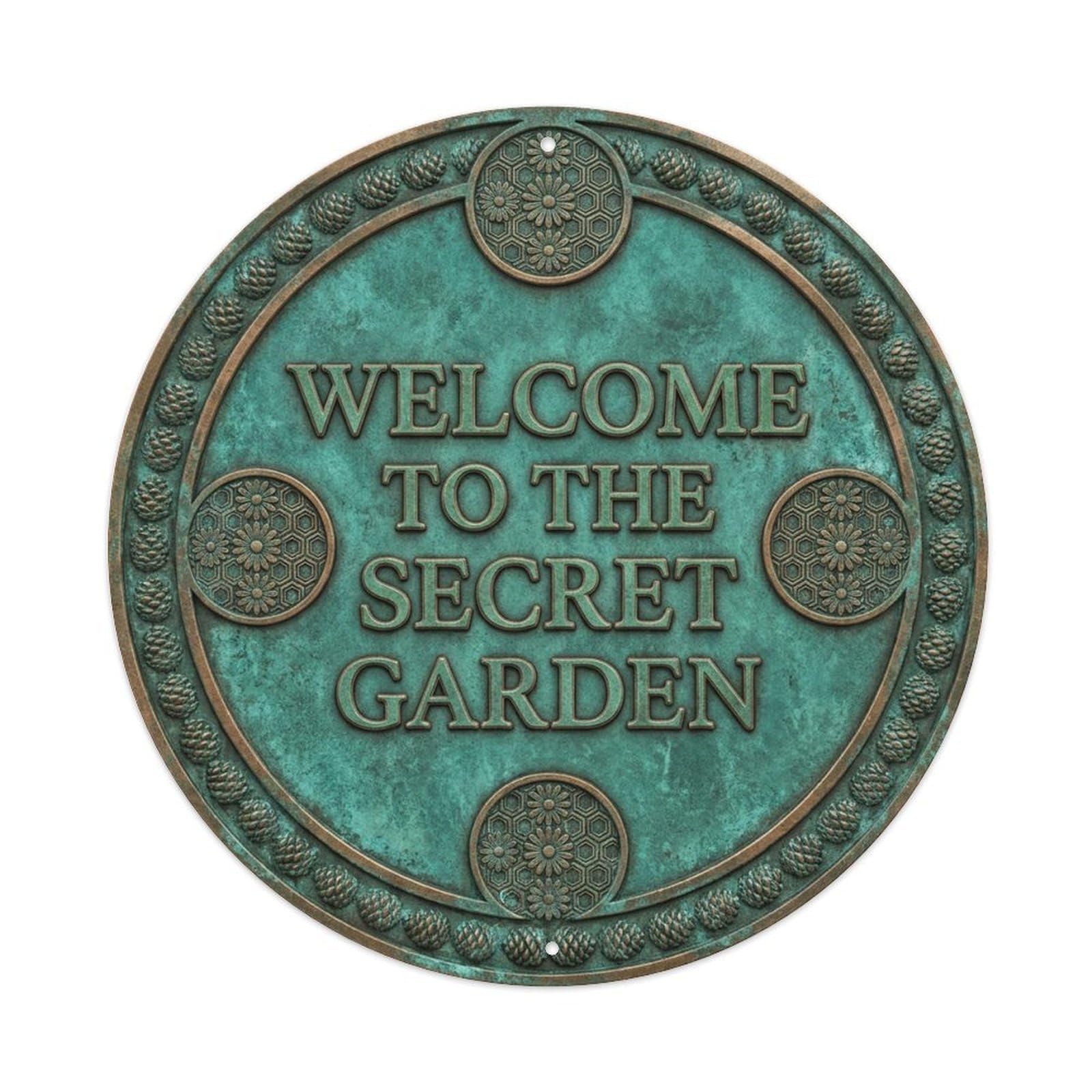 Vintage Welcome Secret Garden Botanical Carved Metal Tin Sign