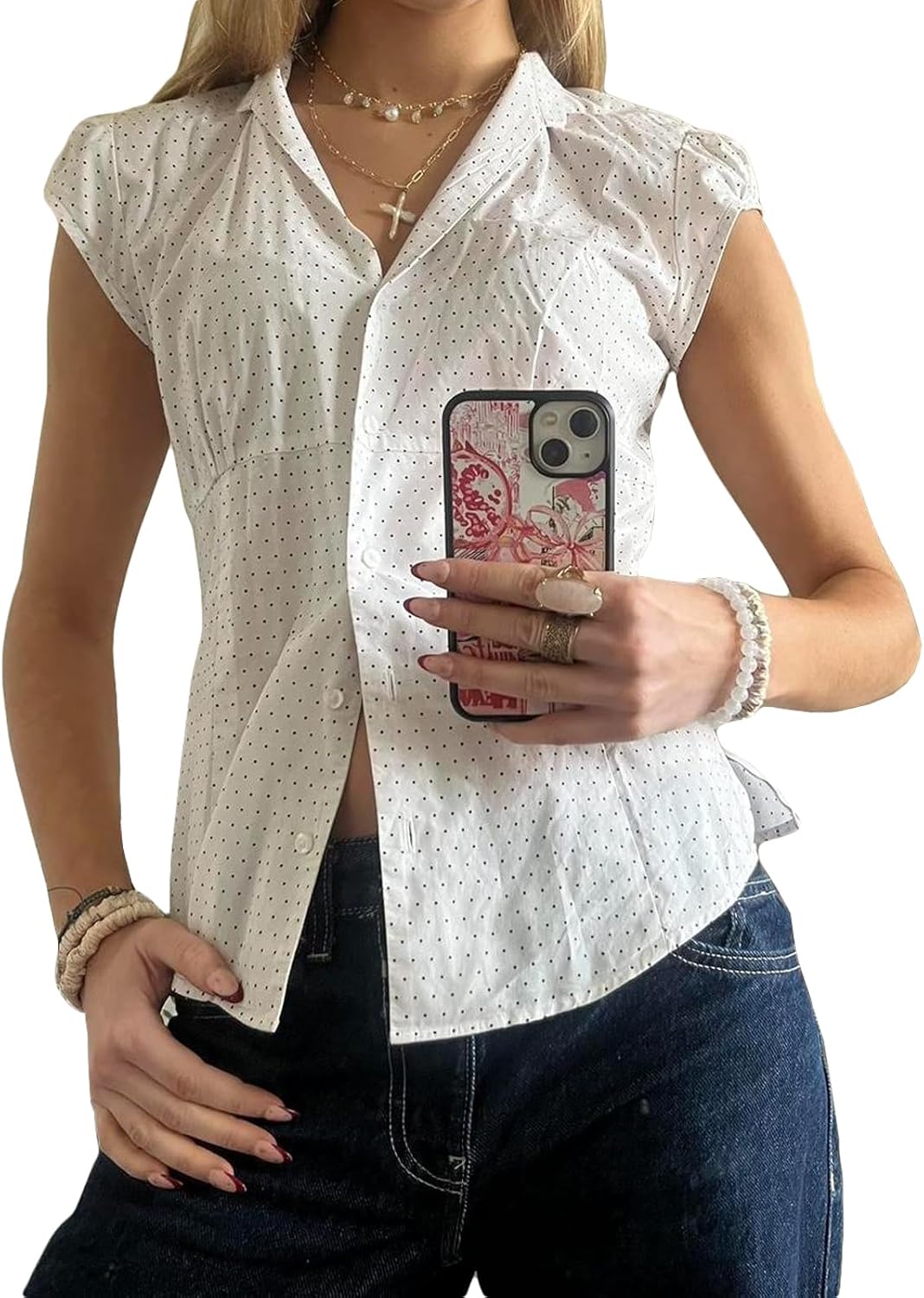 Women's Plaid Button Down Shirt Short Cap Sleeve V Neck Casual Blouse Tops for Woman - Image 2