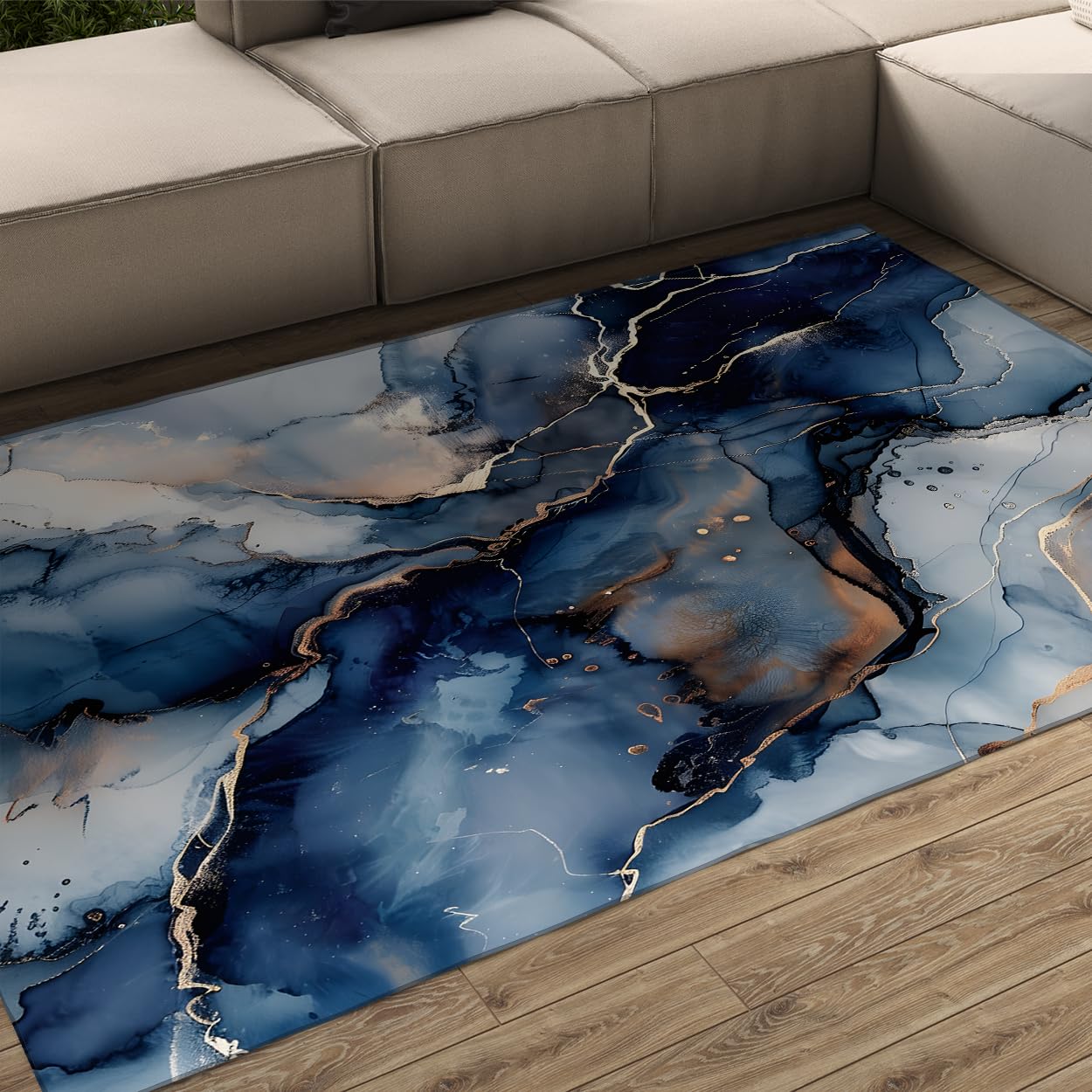 Tapis lavable bleu marine et or 120x150 antidérapant pour descente de lit moderne