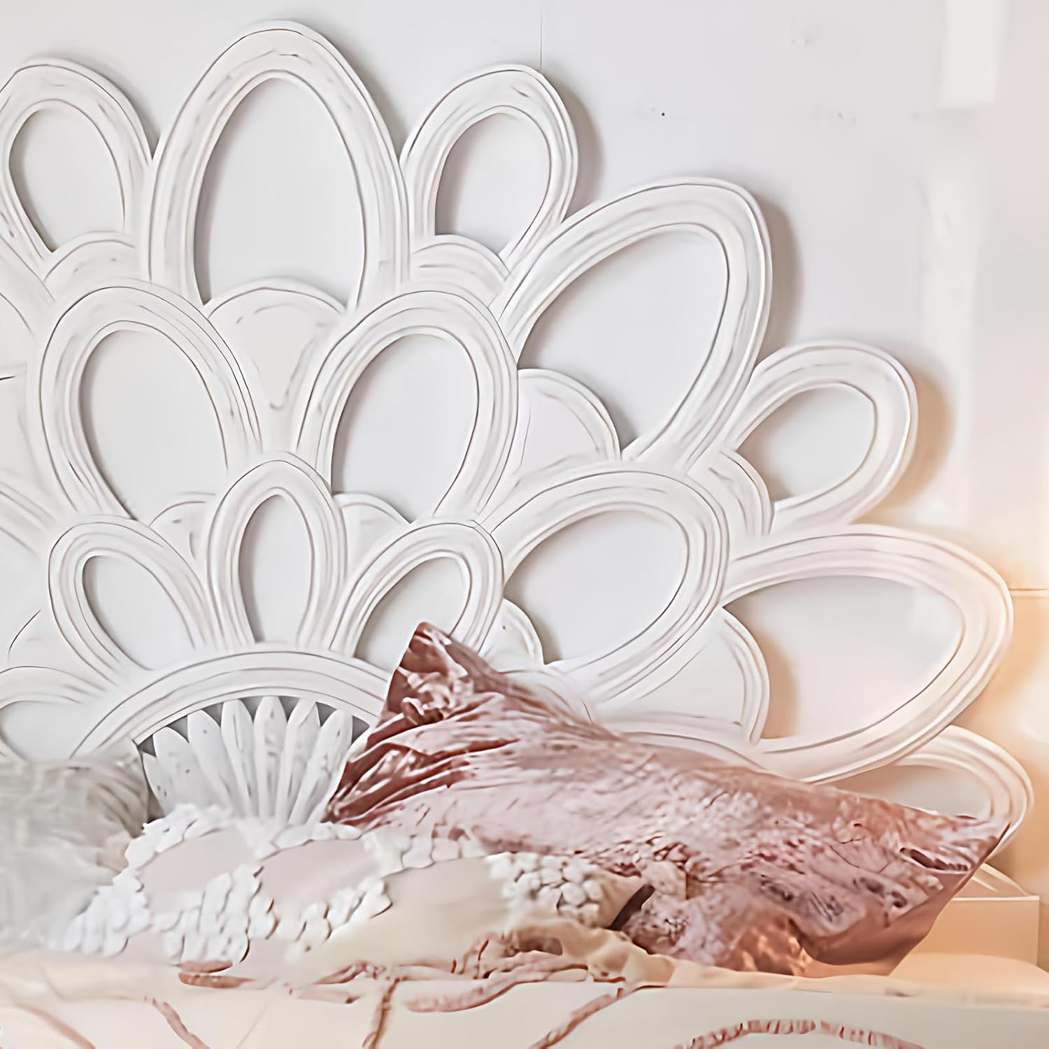 Hand Carved Queen Size Wall Mount Headboard White Half Moon Bed Headboard Bed Decor Bed Head Home Decor (Queen Size - 63x42x1 -inches) | Engineered Wood