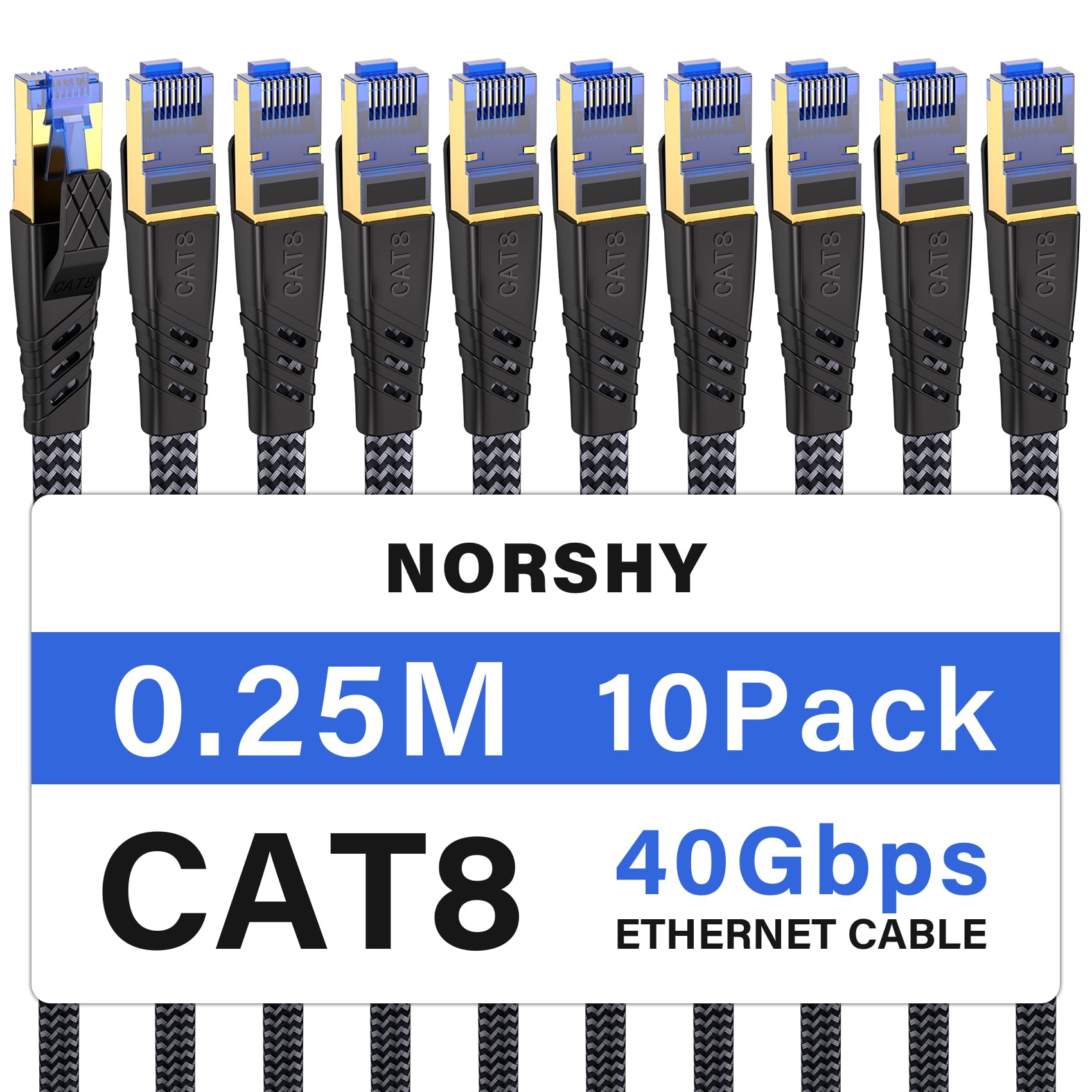 NORSHY Cat 8 LAN Kabel, 40Gbps Netzwerkkabel 2000MHz Gigabit Hochgeschwindigkeits Internetkabel, Flach S/FTP RJ45 Kabel Geflochtener Patchkabel für PS5/PS4, Switch,TV, PC, Modem, Router