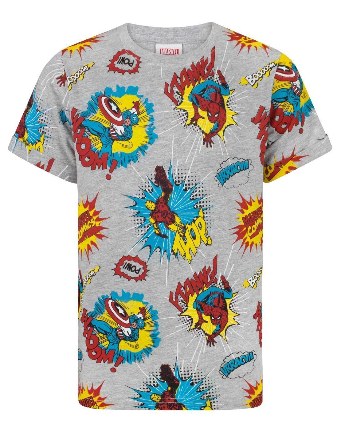Marvel Boys Grey T-Shirt For | Kids Superhero Comics Short Sleeve Top | Hero Captain America Spider-Man Iron Man Characters Shirt Comics Gifts