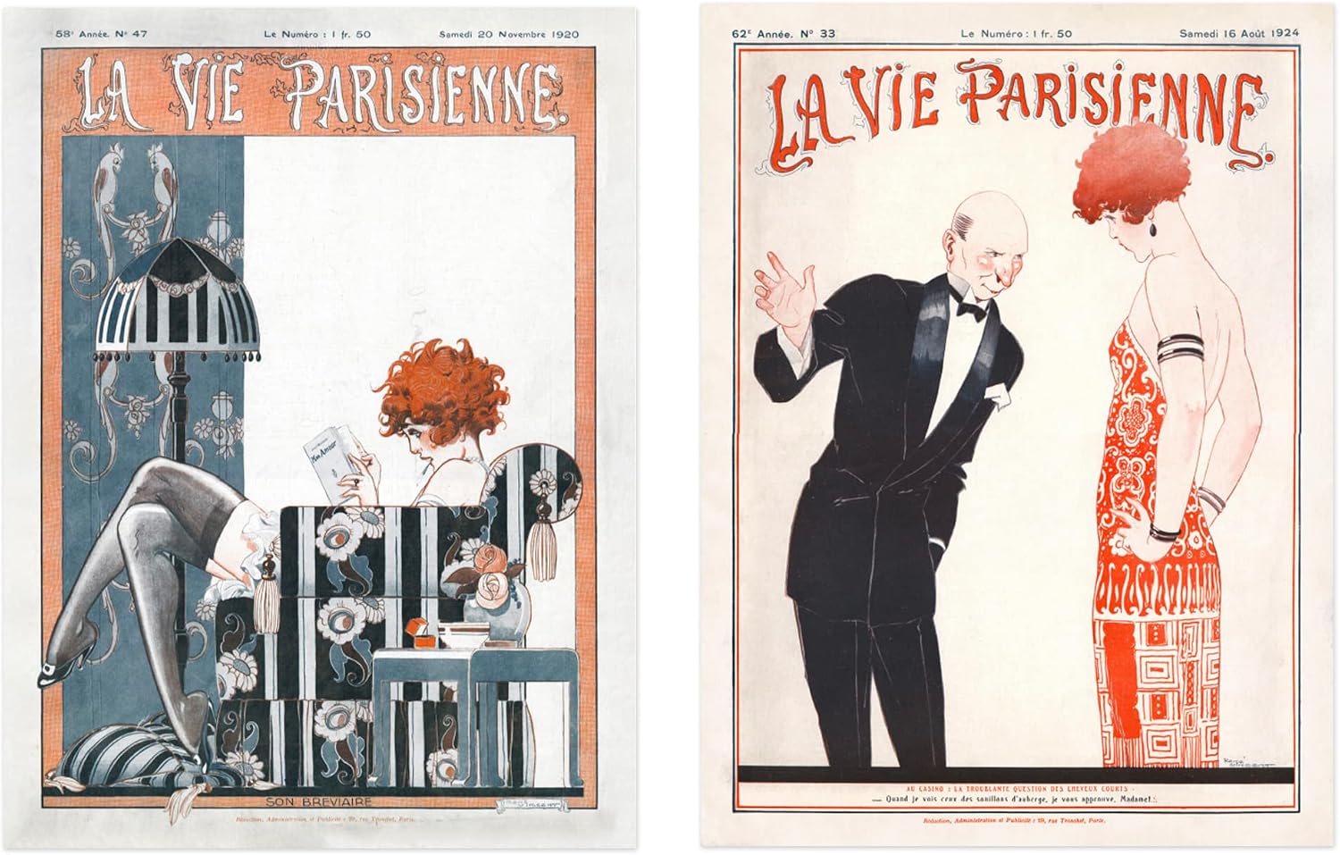 Artery8 Vintage French Magazine Cover Art Deco Pastel Colours La Vie Parisienne Woman Dream Love Swimming Poster Pack of 6 Wall Art