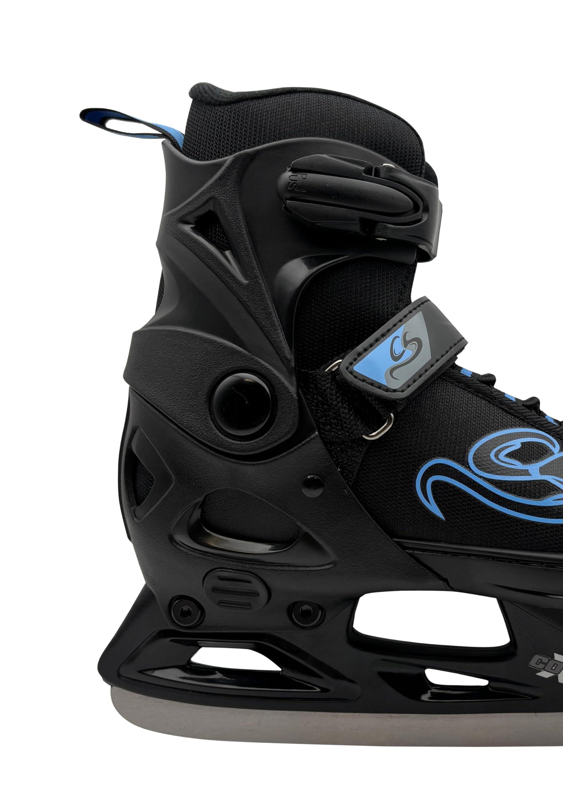 Cox Swain verstellbare Schlittschuhe Crystal, Eislaufschuhe für Kinder, Jugendliche und Erwachsene bis 100KG, vorgeschliffene Edelstahlkufe, Softboot, Black/Blue Gr. XS (29-32)