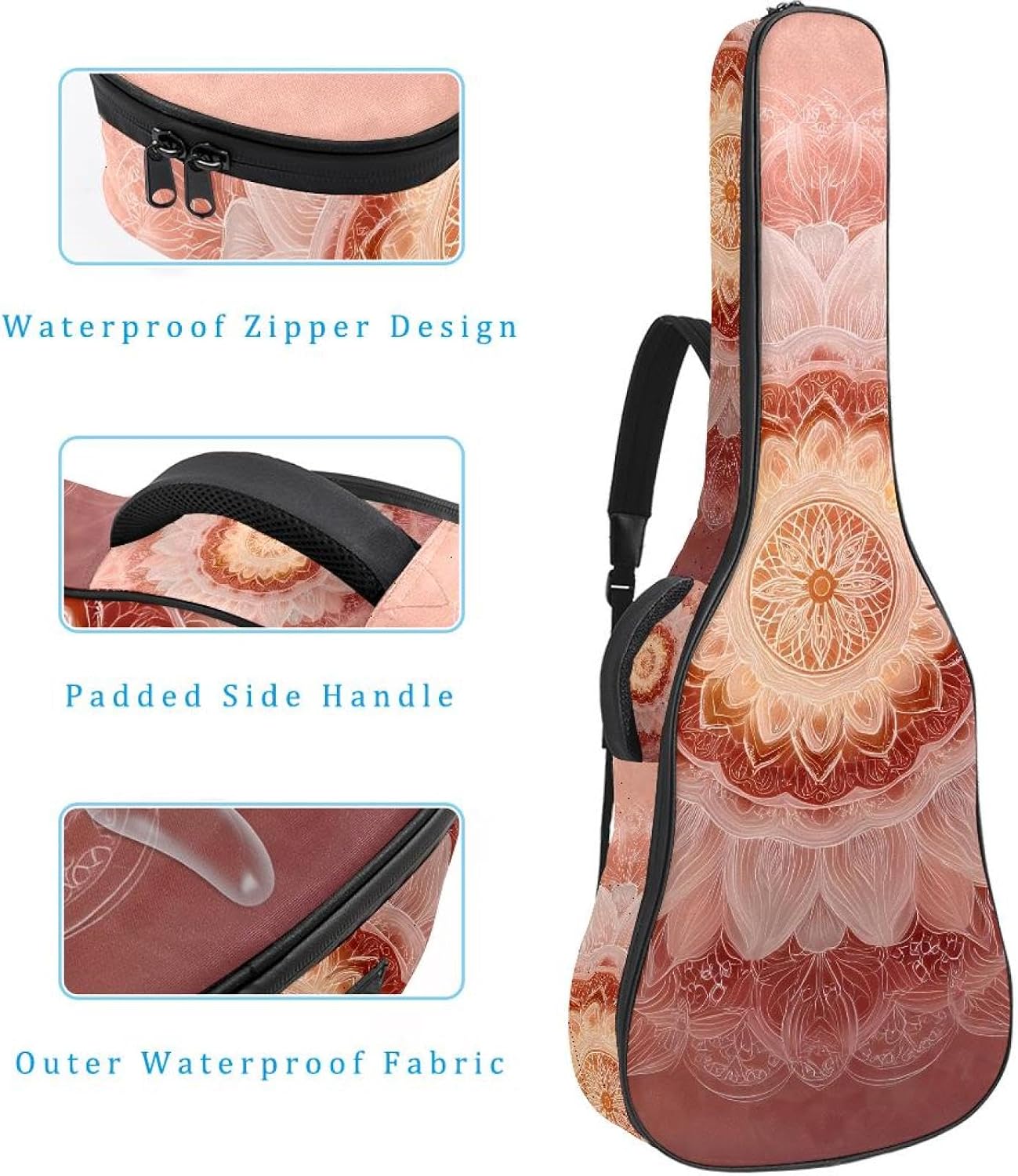 Mandala with Floral Pattern Acoustic Guitar Gig Bag, 1 cm Thick Padding Waterproof Guitar Bag Backpack for 40 41 42 Inch Electric Bass Classical Guitars