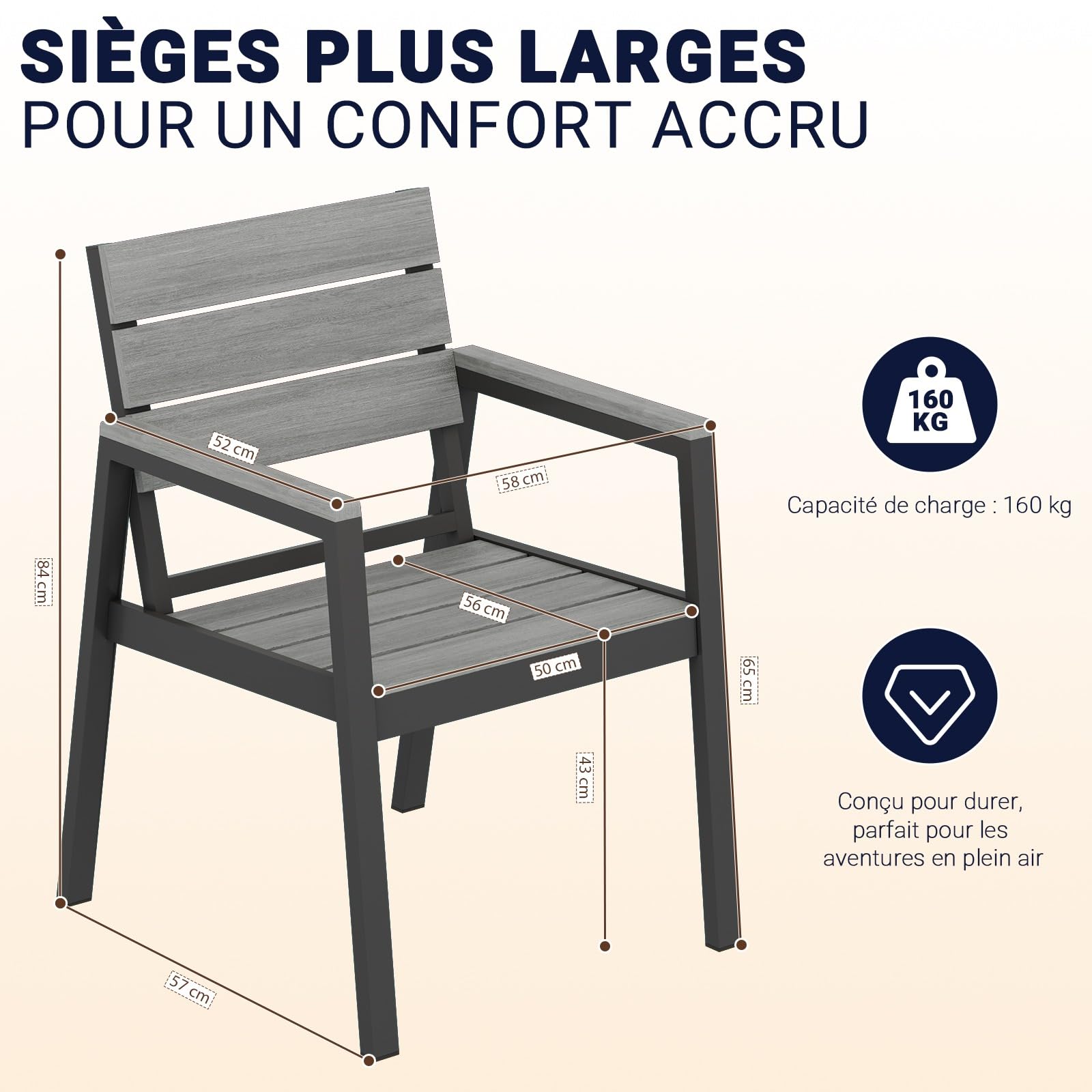 Devoko Chaises de Jardin Lot de 6, HDPS Chaises d'Extérieur en Aluminium Résistantes Imperméables avec Finition à Veine de Bois, Assise de Taille Améliorée Supportant 160 kg, Faciles à Nettoyer, Gris