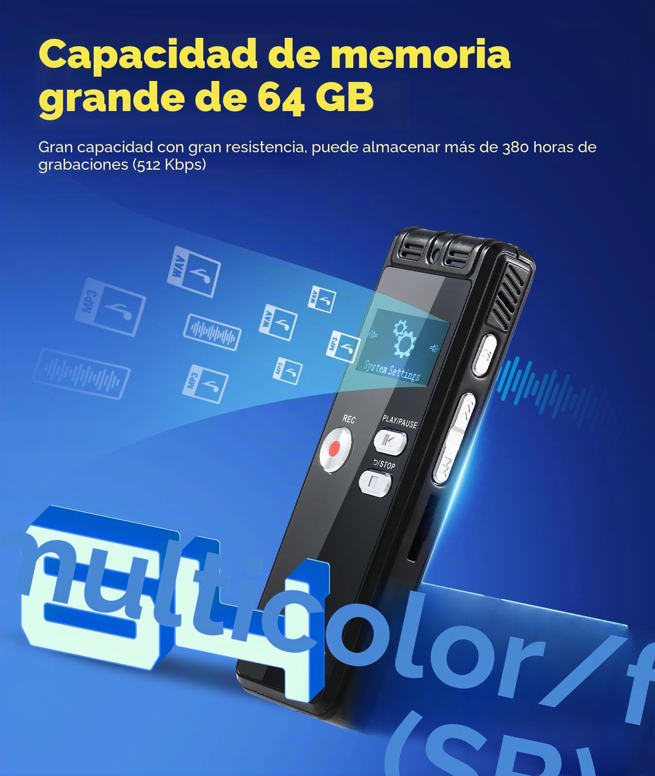 Grabadora digital activada por voz de 64 GB con reproducción, 3072 Kpbs HD Dual MIC, grabadora activada por voz con reducción de ruido para entrevistas/reuniones/clases, dispositivo de grabación de