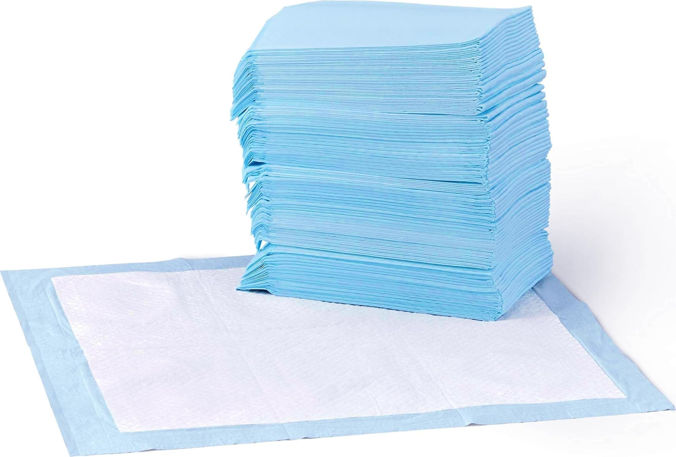 Amazon Basics Leak-Proof Dog and Puppy Potty Training Pee Pads with Quick-Dry 5-Layer Super Absorbent Surface for Dog Training, Floor Protection, Regular Size 22x22", Blue & White, 50 Count