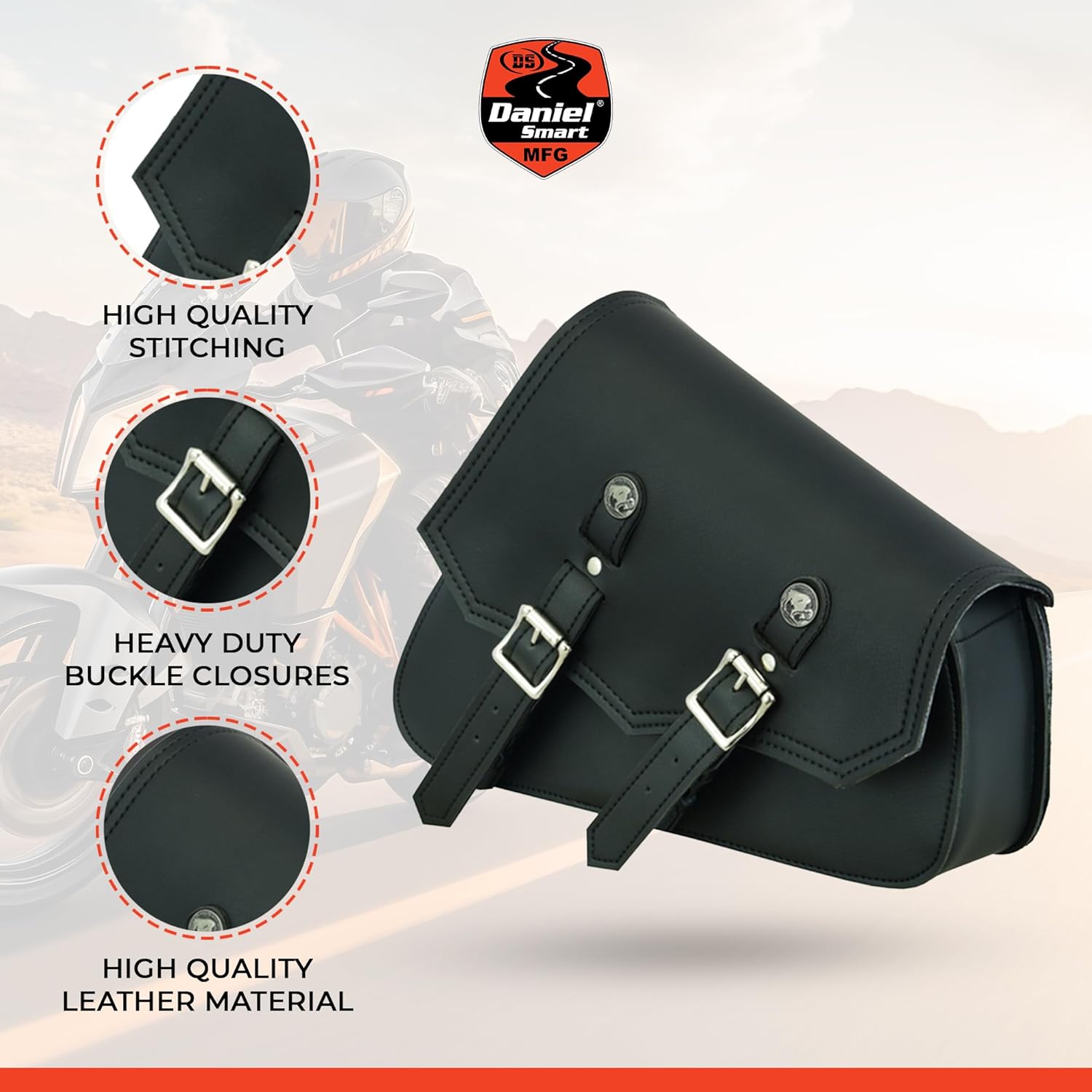 Daniel Smart Motorcycle Leather Swingarm Bag Black SWING ARM BAG - Motorcycle Saddle Bag Left Side Secure Tool Bag for Bike