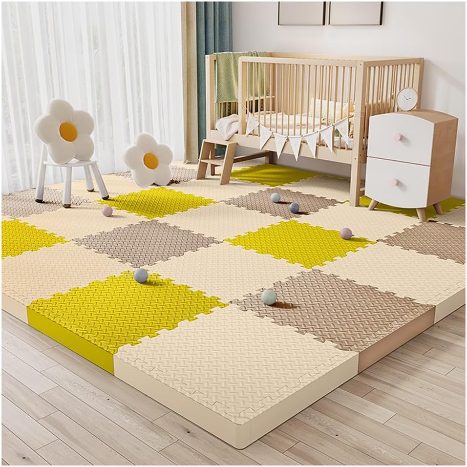 24Pcs Interlocking Foam Floor Mats – 12″x12″ Thick Puzzle Tiles for Playroom & Gym, Soft Non-Slip Exercise Mats, Durable Floor Protection, Beige/Yellow/Coffee Colors