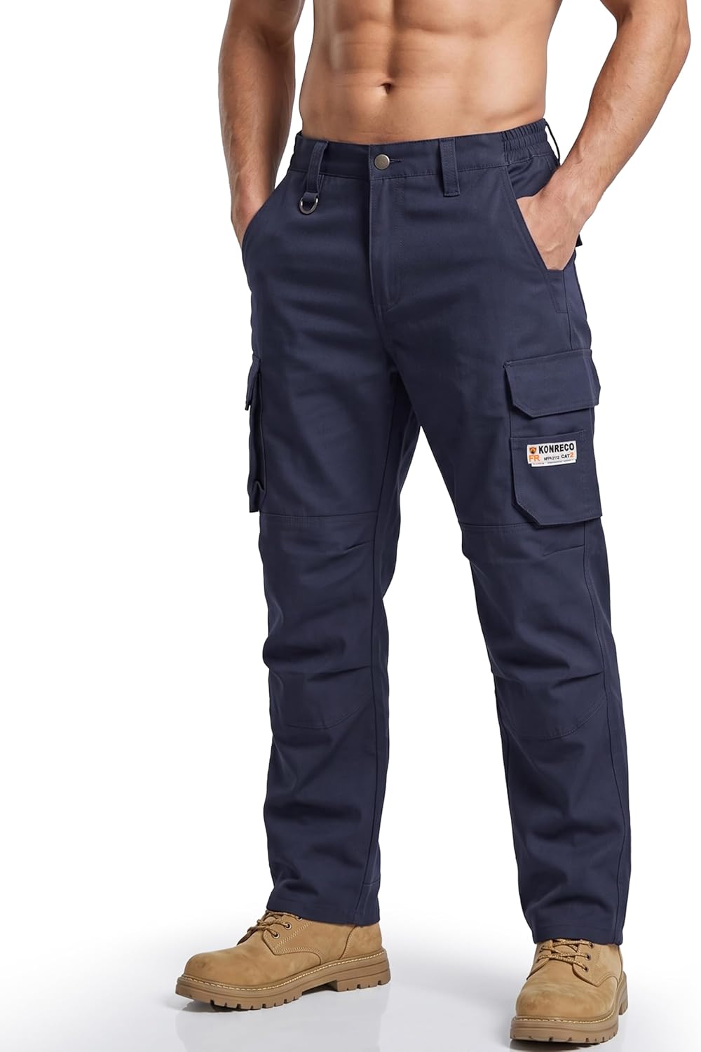 KONRECO FR Pants for Men Utility Cargo Pockets Flame Resistant Carpenter Jeans 8.5oz Stretch Soft Relaxed Fit NFPA2112 CAT2