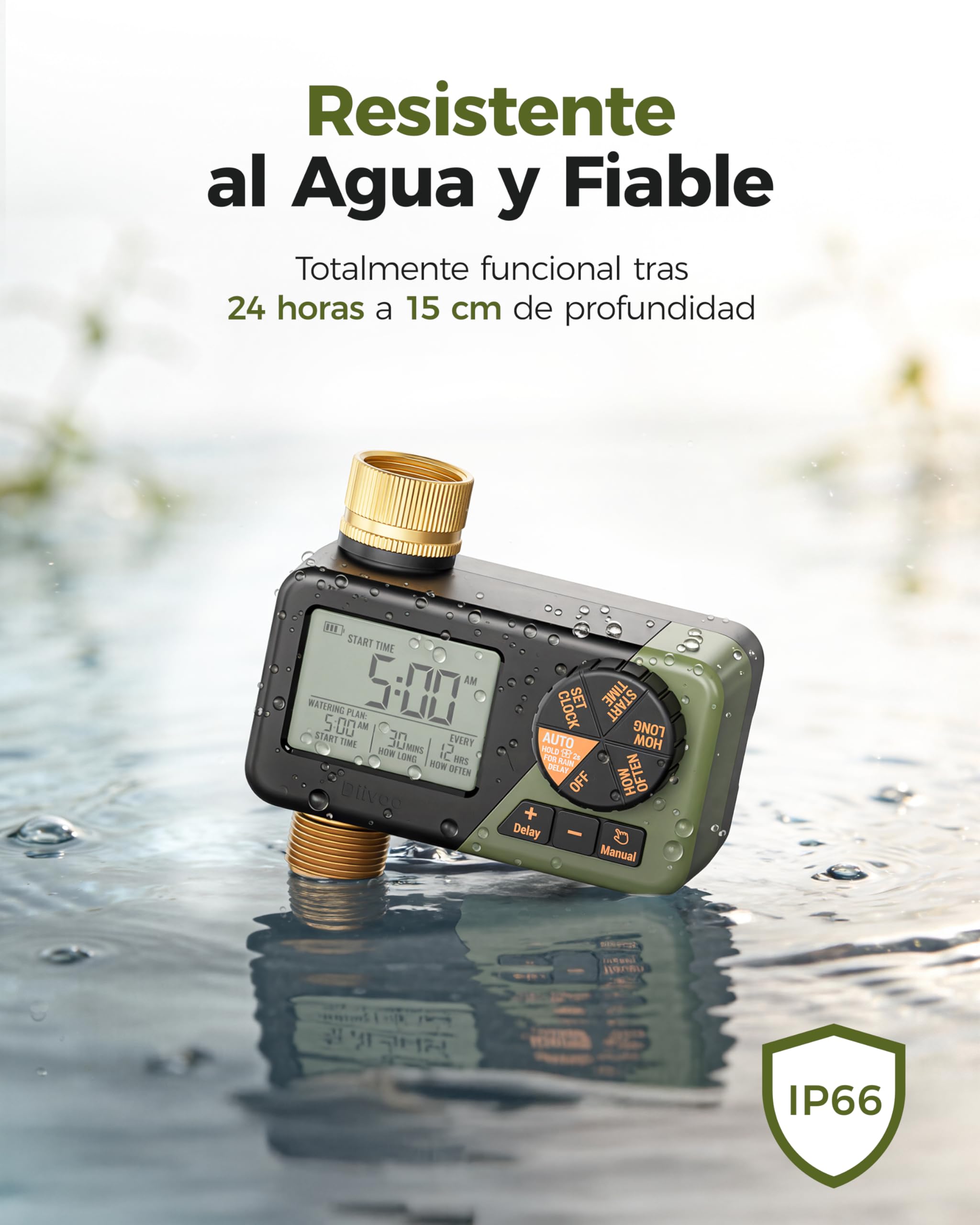 Diivoo Programador Riego con Entrada y Salida de Latón, Temporizador Riego Automatico con Impermeable IP66, Retraso por Lluvia, Riego Manual, Programador de Riego a Pilas para Jardín, Césped