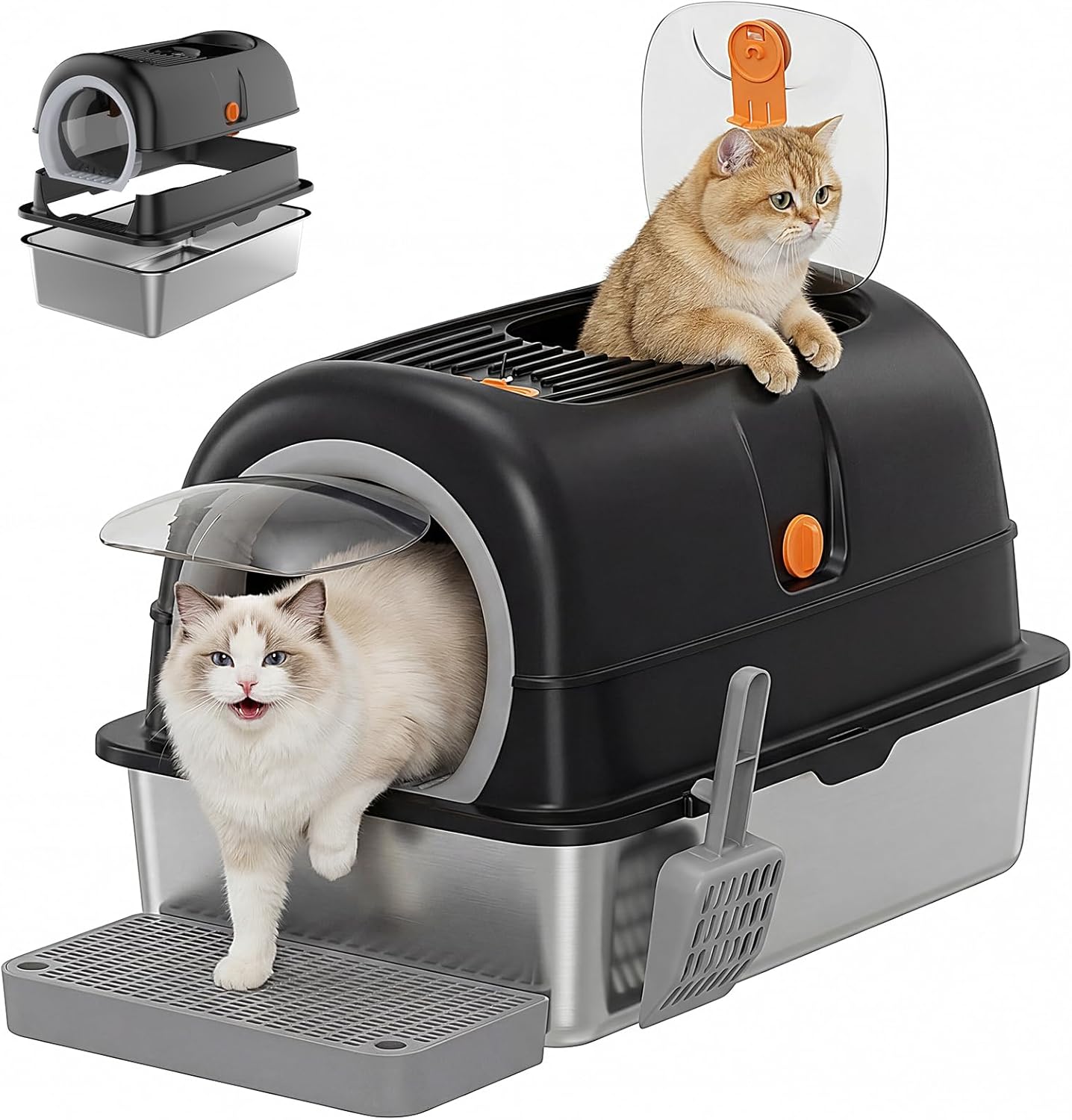 OLIXIS Stainless Steel Cat Litter Box with Lid, Large Cat Litter Box for Big Cats, High Wall Sides, Anti-Urine Leakage, Easy Cleaning, Scoop and Mat Included, Light Gray