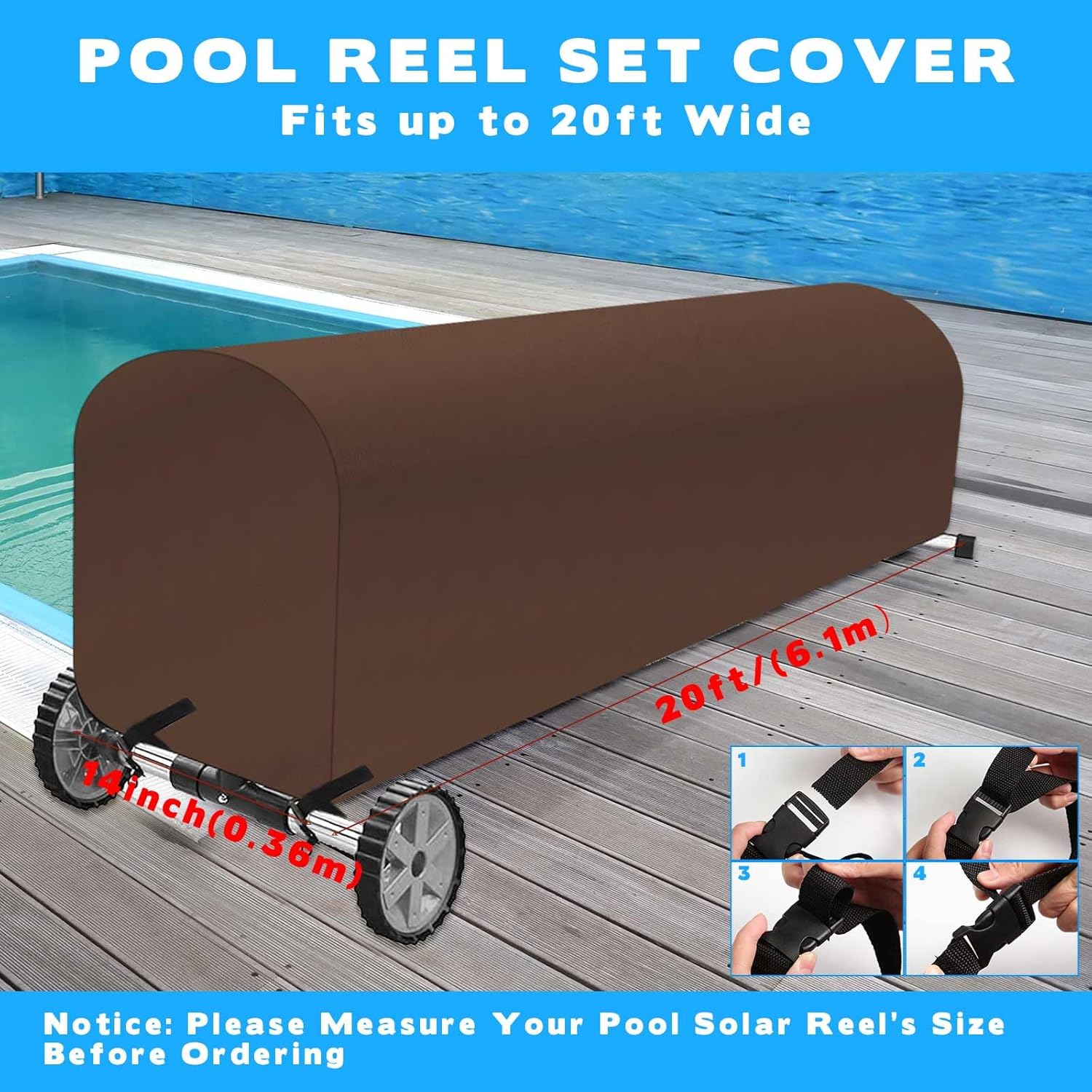 Woanger Heavy Duty Pool Solar Reel Cover Waterproof UV Resistant Inground Swimming Pool Solar Reel Roller Blanket(20 Ft,Coffee)