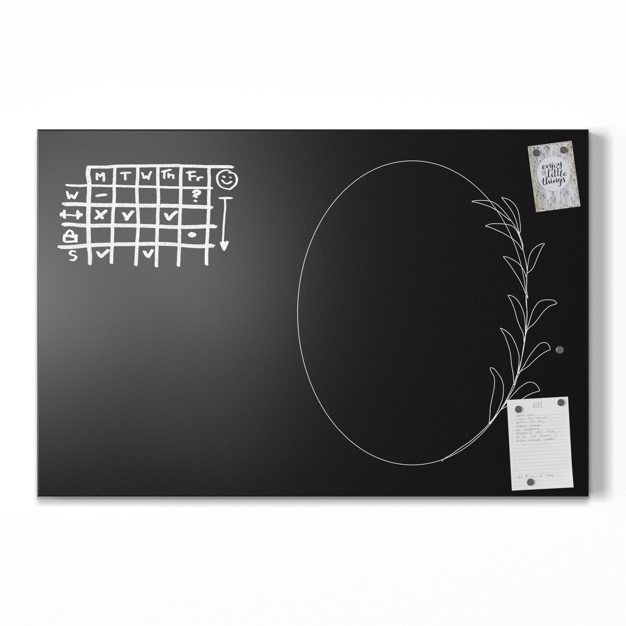 DEQORI Pizarra magnética con impresión UV | diseño "marco de hojas ovaladas" | diseño rectangular de 90 x 60 cm | tiza pizarra metálica se puede escribir – Decoración de pared para cocina, pasillo