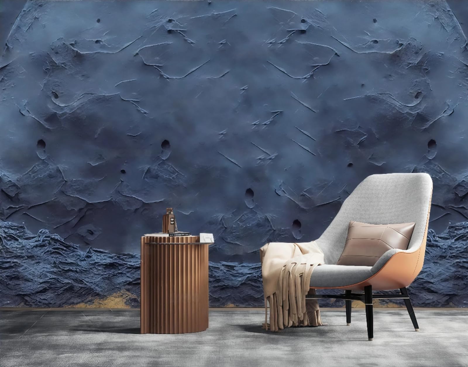 Tapeta sztuka nowoczesna ciemnoniebieski księżyc tłoczony wzór skały scena nocna malarstwo telewizor sofa tło tapeta ścienna salon restauracja kawiarnia, 3D, 430 x 300 cm