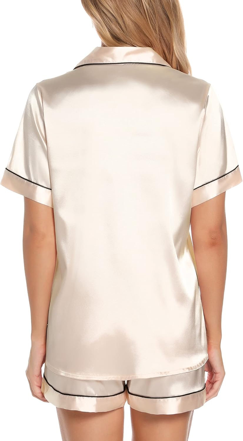 Anjue Silk Satin Pajamas Set Women's Short Sleeve Sleepwear Soft Pjs Shorts Set Two Piece Button Down Pj Set S-XXL - Image 4