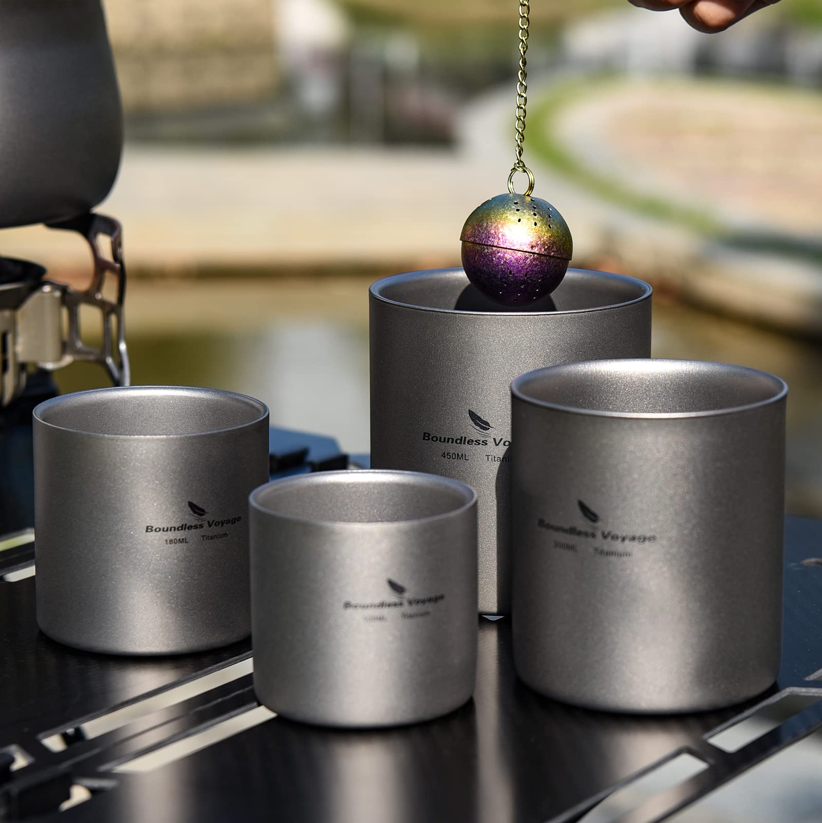 iBasingo Titan Becher Outdoor Camping Faltbare Reisebecher 4 in 1 120ml 180ml 300ml 450ml Doppelwandige Isolierte Tasse Kaffee Trinkgeschirr Leichtes Geschirr für Täglich Gebrauchtes Wandern Ti3032D