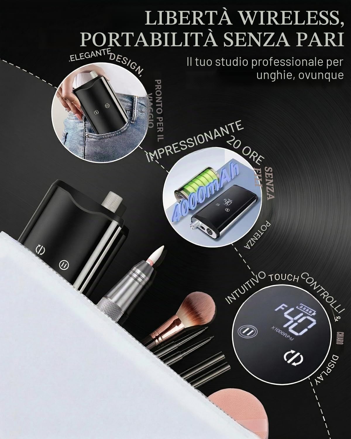 Fresa per Unghie Professionale 40000 Giri, Motore Coreless per Ricostruzione Gel e Semipermanente, Fresa Elettrica Senza Fili 24H, Touch Screen, Corpo in Lega di Alluminio, M95G | Motore Coreless, 40000 RPM, Autonomia 24H Lima Elettrica Ricaricabile, Lega