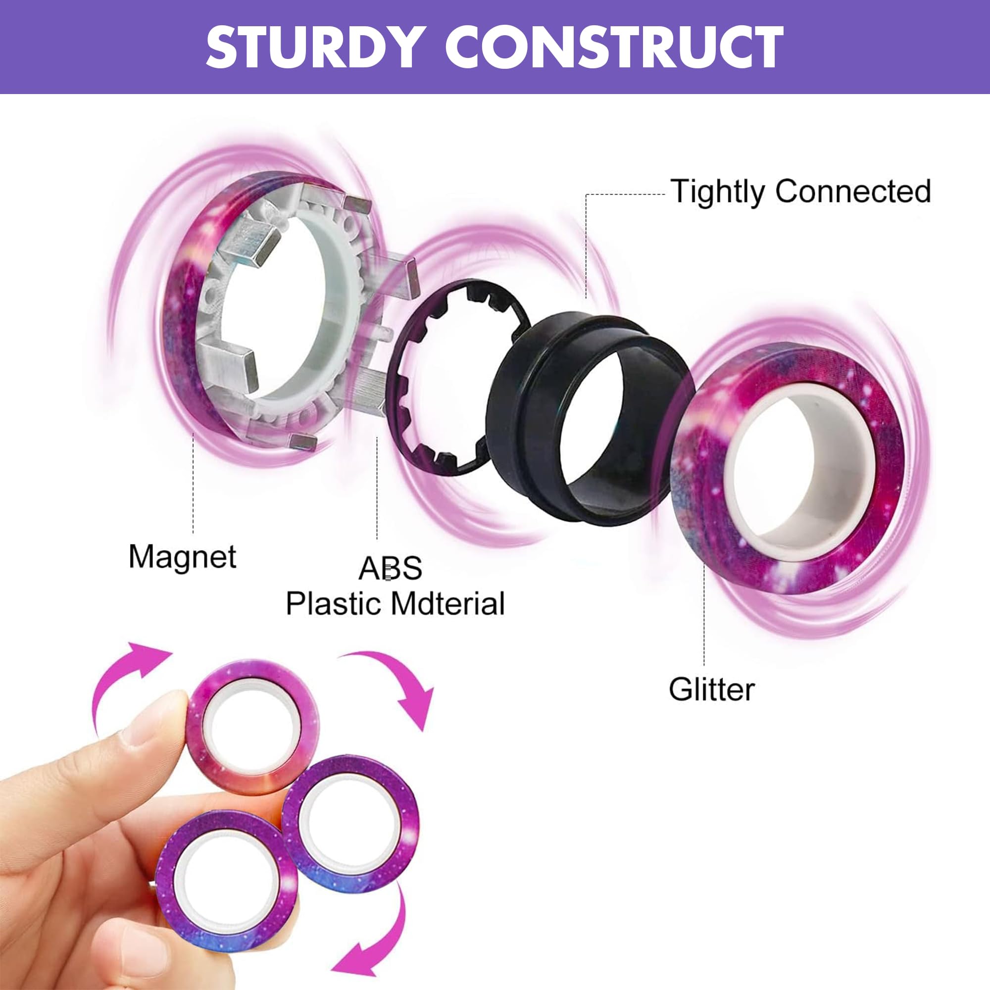 Kidology Magnetic Fidget Rings, Fidget Spinner Therapy Toys for Sensory Play, Magnetic Fidget Toy,, Stress Relief Anxiety Rings for Kids & Adults (Pink/Purple) 2