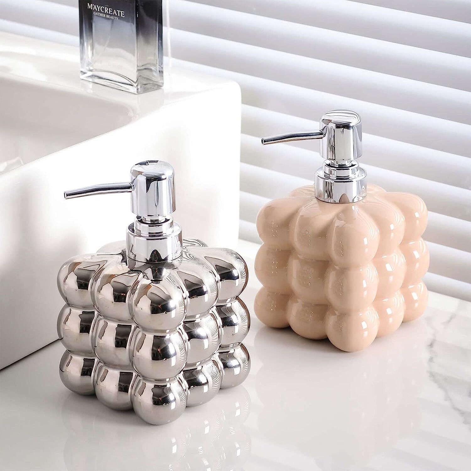 Dozownik mydła do rąk, Jednokolorowy ceramiczny okrągły dozownik mydła, wielokrotnego napełniania 400ml mydło do rąk i szampon butelka z pompką łazienki kuchnia, 14 uncji 1 szt(Electroplated Silver)