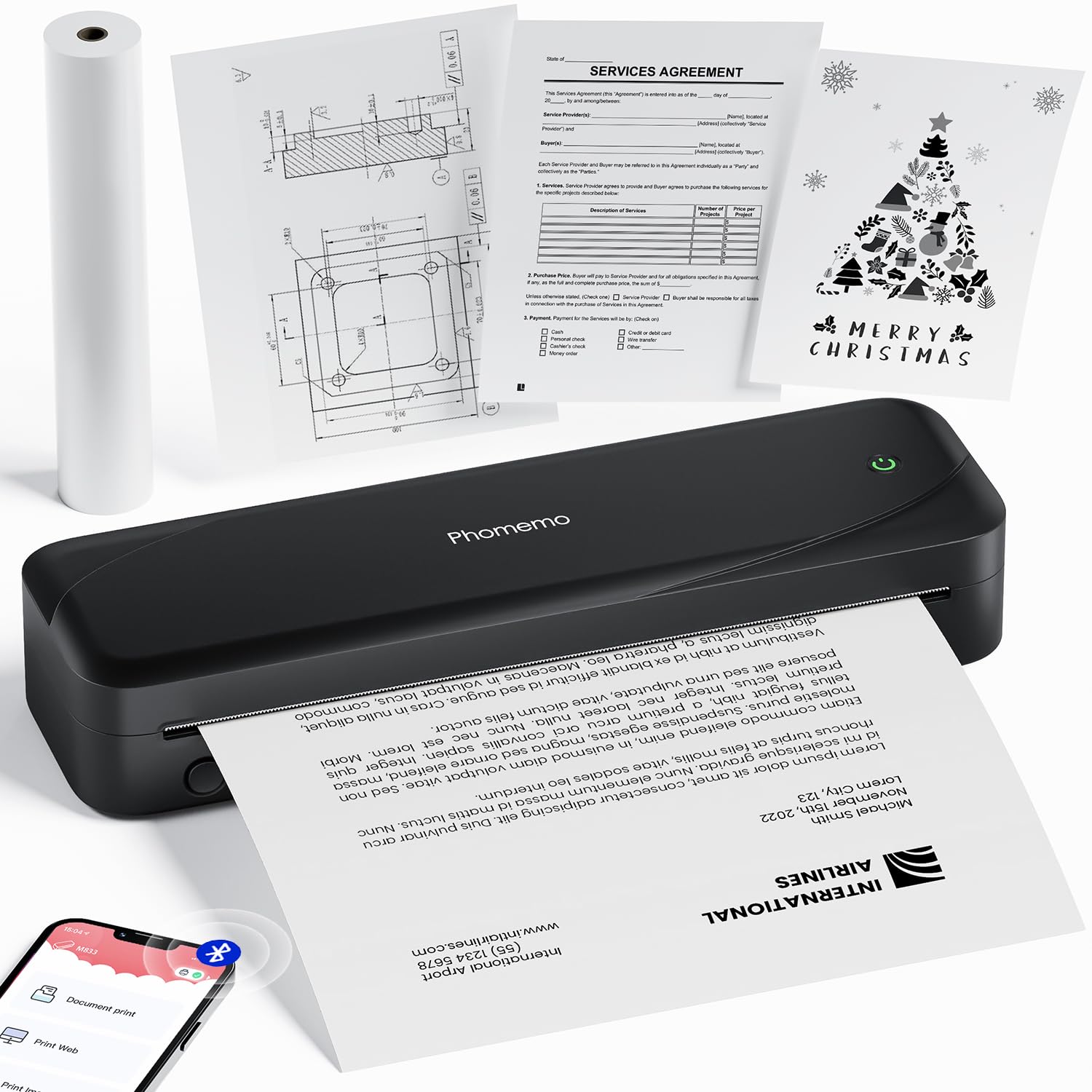 Phomemo M833 Portable Thermal Printer A4, 300DPI Wireless Bluetooth Portable Printer for Car, Office, Home, Mobile Printer Without Ink, Compatible with Smartphones and Laptops, Black