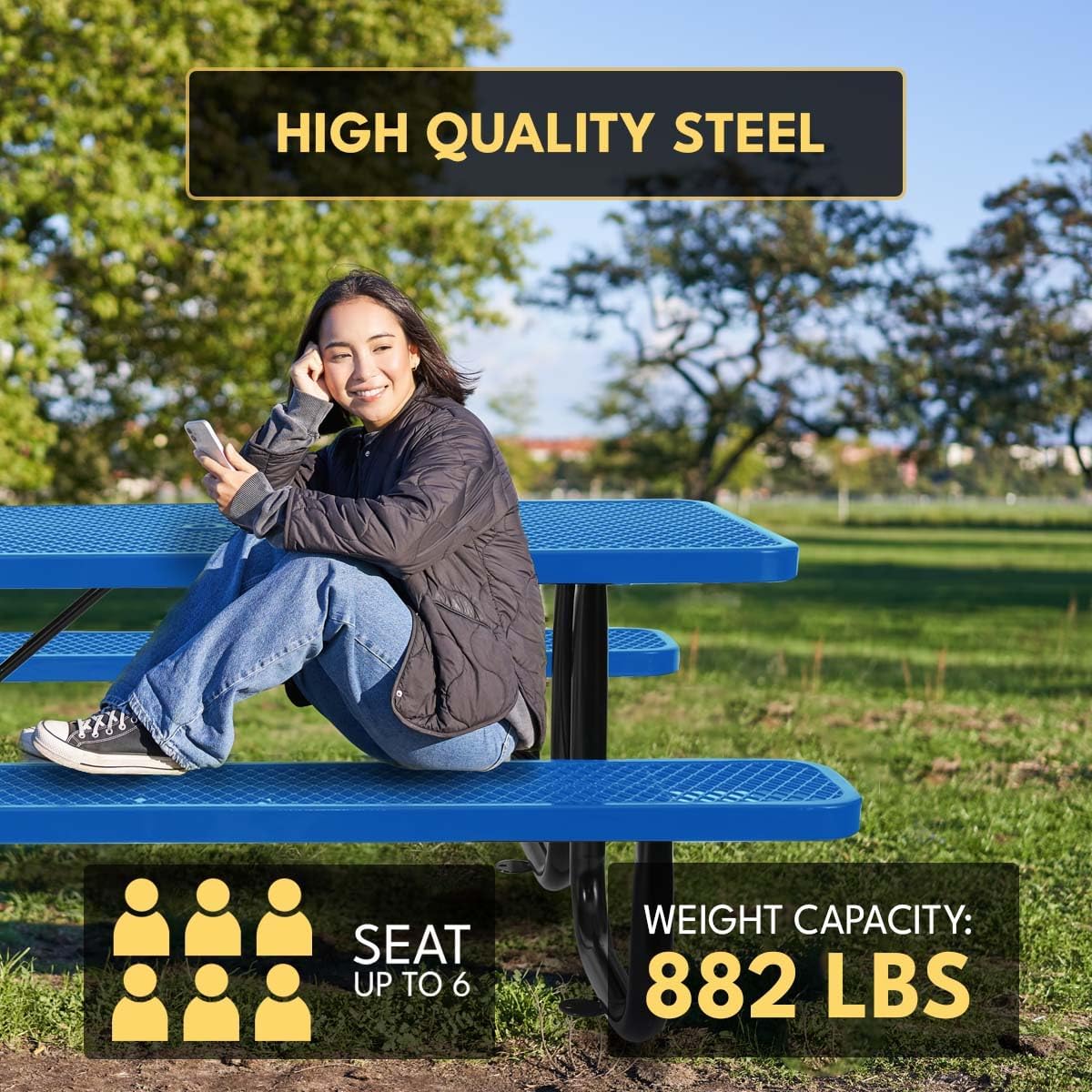 6 ft. Heavy-Duty Steel Outdoor Picnic Table with Umbrella Pole,Rectangular Weather-Resistant Dining Table for Backyard,Blue