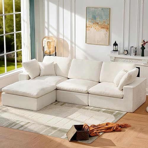 126" Cloud Couch Sectional, Modular L-Shape Sofa with Ottoman, 3-Seater Convertible Cloud Sofa, No Assembly Required, Warm White Couch for Living Room