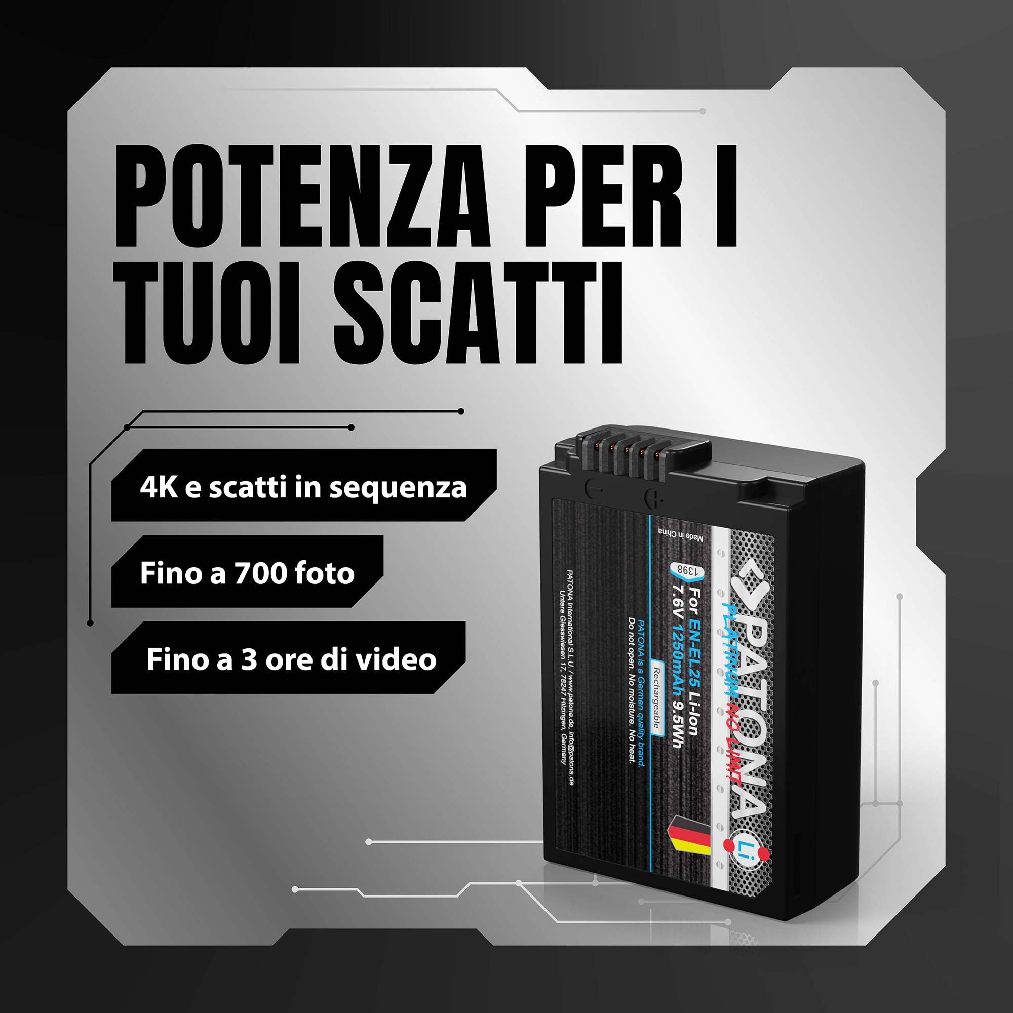 PATONA USB-C Platinum Batteria per Nikon EN-EL25, EN-EL25a 1250mAh | Batteria per Z30 Z50 II Z50II Z FC ZFC, 100% identica all'originale, con protezione da sovraccarica e cortocircuito