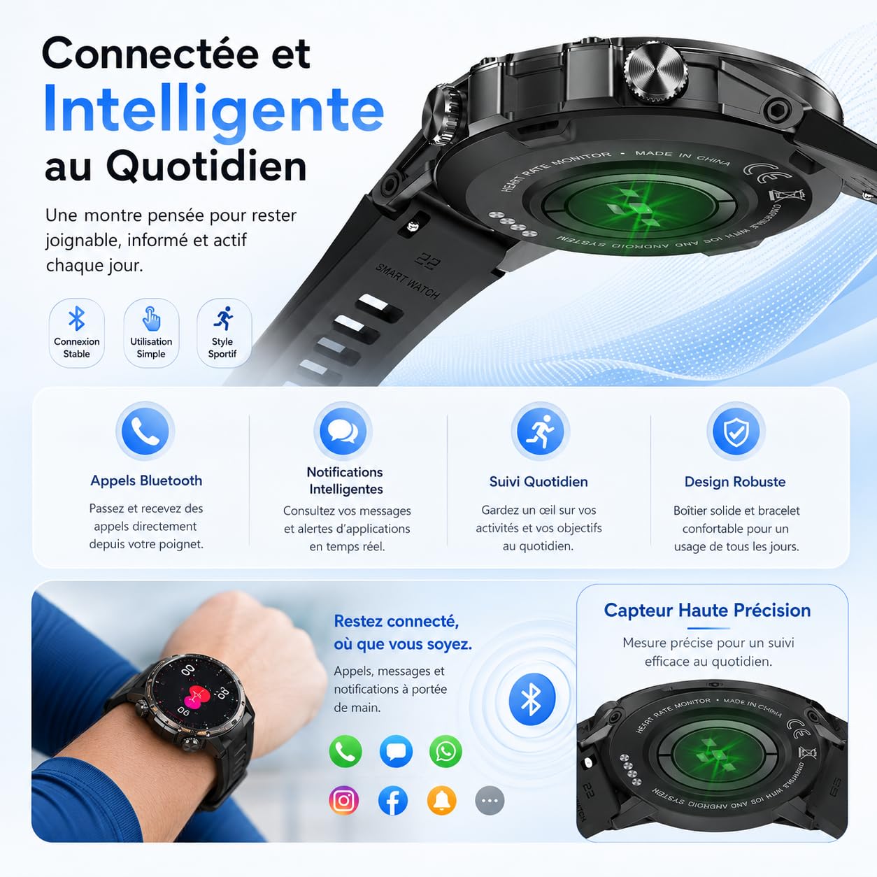 Onyxus Fitforce K52 Montre Connectée Bluetooth avec Appels, Écran Renforcé, Suivi du Sommeil, Autonomie 5 à 7 Jours, Montre Sport Étanche pour Homme Femme (Orange)