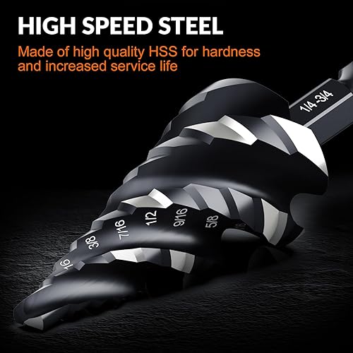 Miniatura 4 de THINKWORK Juego de 4 brocas con paso de flauta en espiral, 3 brocas escalonadas HSS (18 a 78 pulgadas) con caja de herramientas, brocas de paso de
