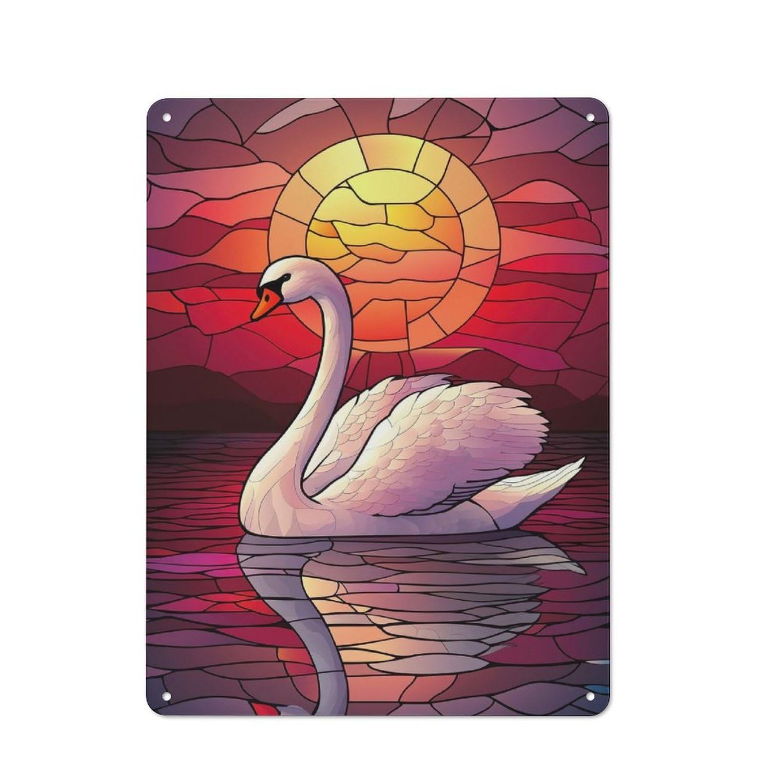 Junmoney Style-17 Swan Sunset Stained Glass Classic Metal Wall Decor 40X30cm, Office Metal Sign For Workspace, Cafe, Shop Or Desk Area