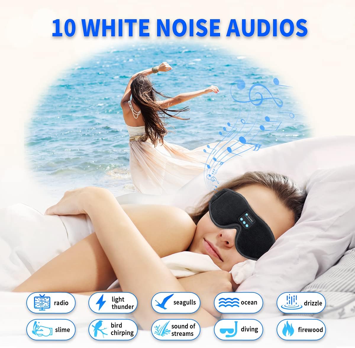 Sleep Mask Bluetooth Eye Mask with White Noise, Bluetooth 5.0 Music Sleep Headphone 3D Eye Mask for Men & Women with Microphone 10 White Noise Sounds 10 Hours Play Time to Get Sound Sleep（Small） : Health & Household