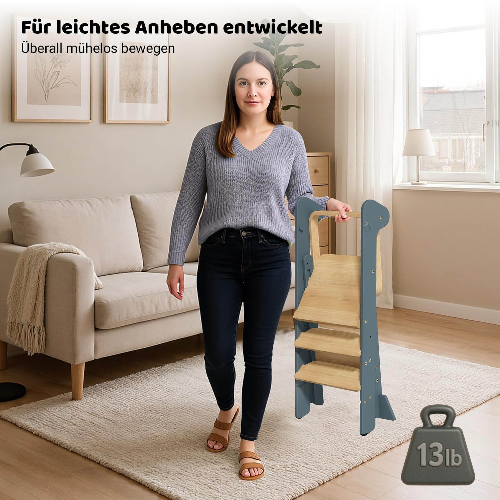 COSYLAND Lernturm ab 1 Jahr klappbar – iF Design Award Gewinner, höhenverstellbarer Lernturm mit Sicherheitsnetz, Montessori Learning Tower/Lernstuhl für Kinder, Holz (Schieferblau & Natur)