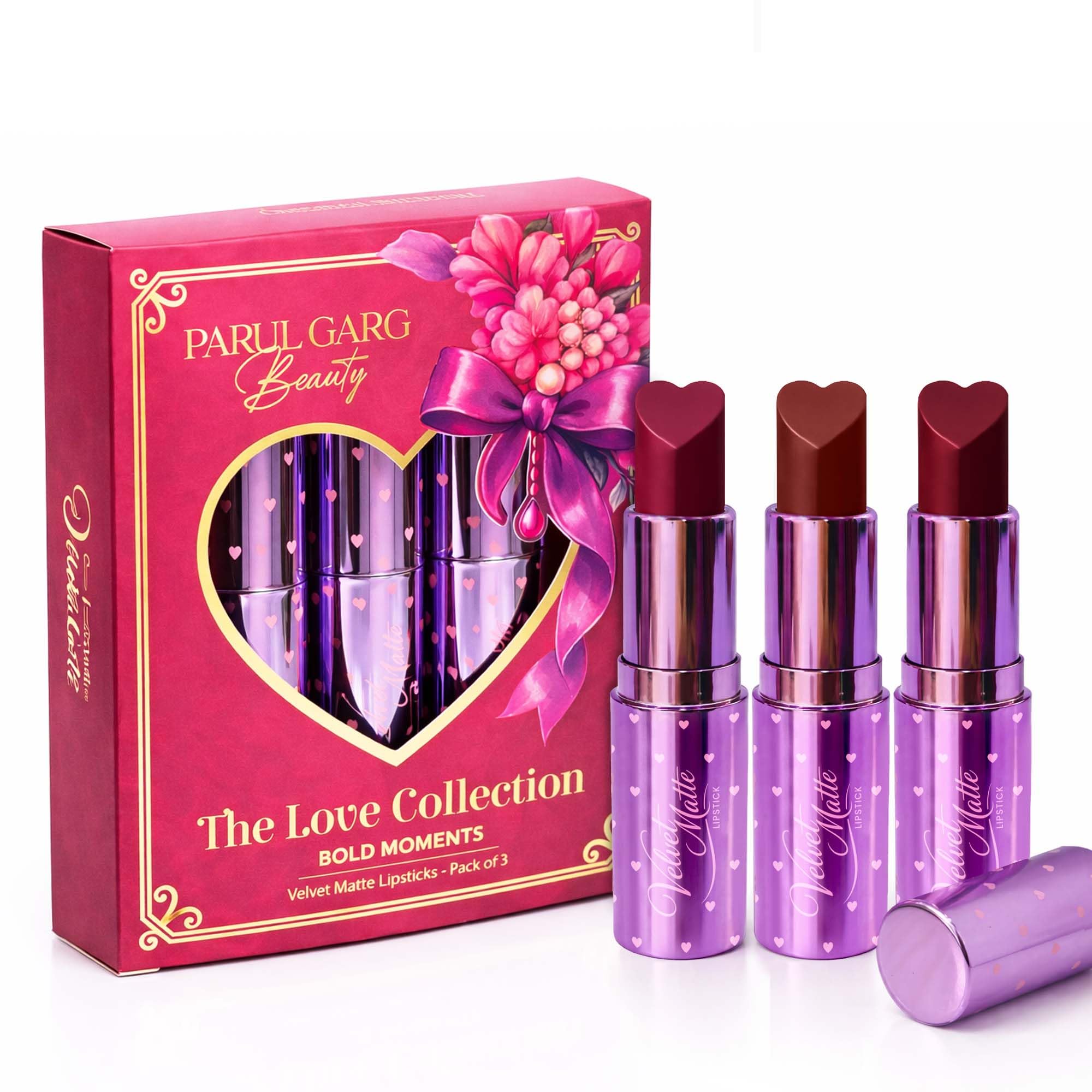 Parul Garg Beauty Bold Moments Velvet Matte Lipsticks | Pack of 3 | Love Collection | Valentine Gift for Her | Hydrating & Long Lasting (4.2g each)-image-10