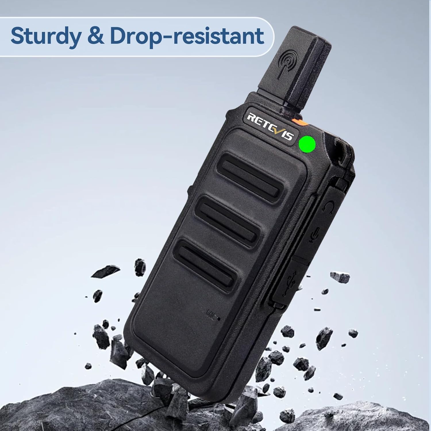 Retevis RT19 walkie talkie depicted as sturdy and drop-resistant