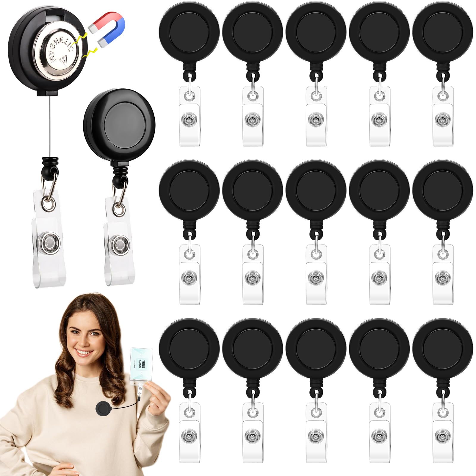 Photo 1 of 15 Pack Magnetic Badge Reel Bulk Retractable Badge Holder 1.26" Black Badge Reel Magnetic ID Badge Clip Bulk Magnet Name Tag Holder for Shirt Nurse Teacher Doctor with 24 Inch Pull Cord (15, Black)