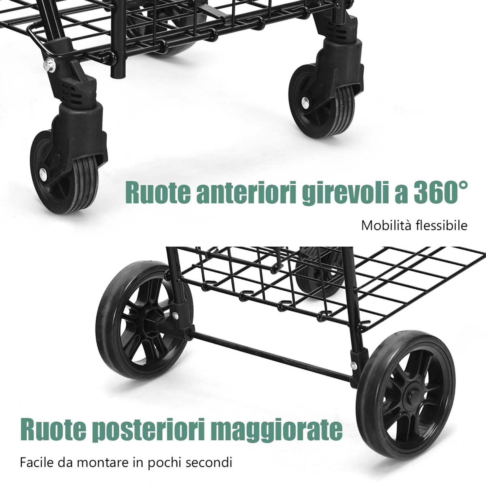 COSTWAY Carrello Portaspesa Pieghevole, Carrello Spesa con Ruote Girevoli a 360 °, Manico Regolabile, 2 Cesti, Capacità di Carico: 20 kg, 58L, 43 x 52 x 89-95 cm (Nero)