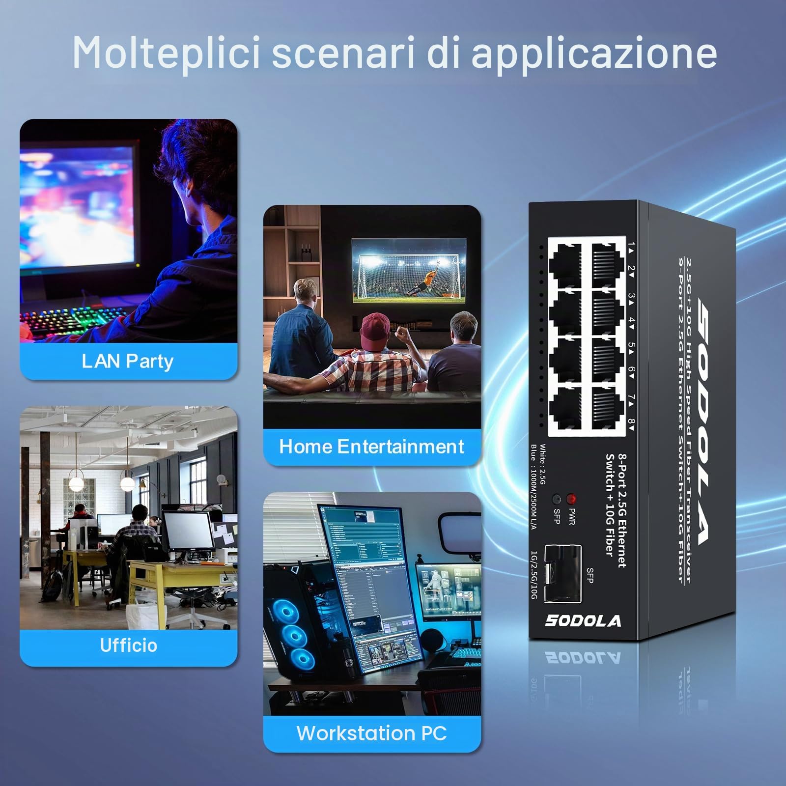 SODOLA Switch a 8 porte da 2,5 Gbit non gestito, 8 porte 2,5GBASE-T, 1 x 10G SFP+ | Capacità di commutazione 100 Gbps, senza ventola, alloggiamento in metallo, switch di rete Plug & Play da 2,5 GB
