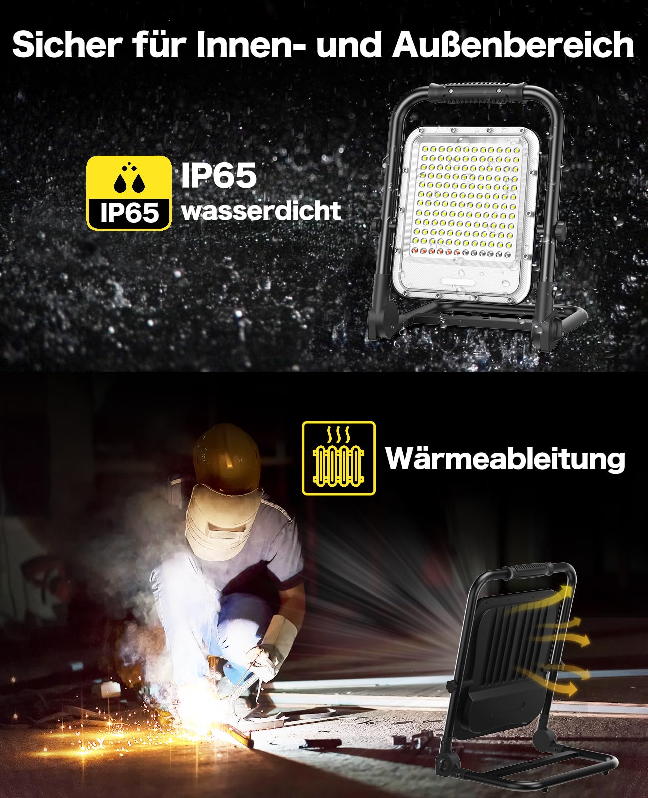 Led Baustrahler Akku 4 Modi Arbeitsleuchte 18000LM 15000mAh USB-Wiederaufladbar mit 132*COB-Chips, IP65 Wasserdicht Led Strahler, Campinglampe Tragbar für Werkstatt oder Baustelle, Garage