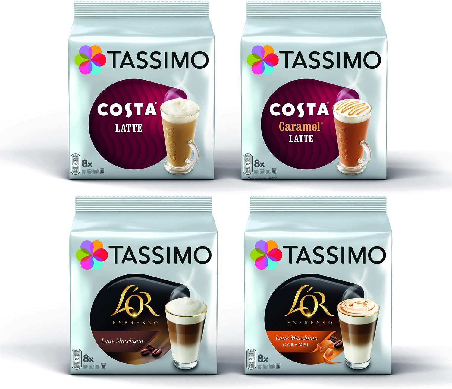 Latte Bundle - Costa Latte/Costa Caramel Latte/L'Or Latte Macchiato/Latte Macchiato Caramel Coffee Pods - 4 Packs (32 Servings)