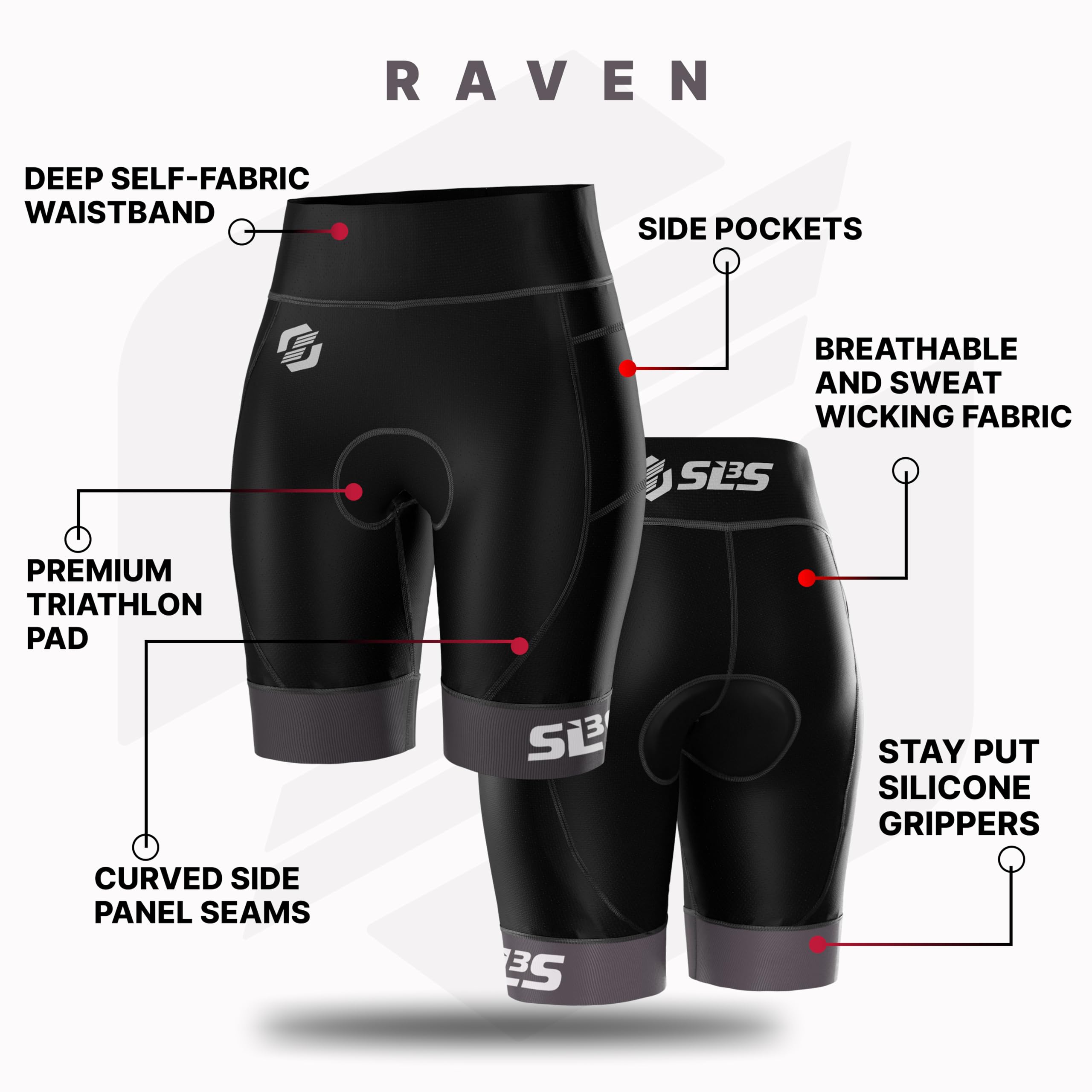 SLS3 Damskie szorty triatlonowe – Elite Raven Black | Tri-Design (pływanie/rower/bieganie), szybkoschnąca wyściółka, antypoślizgowe zakończenia nogawek, zintegrowane kieszenie