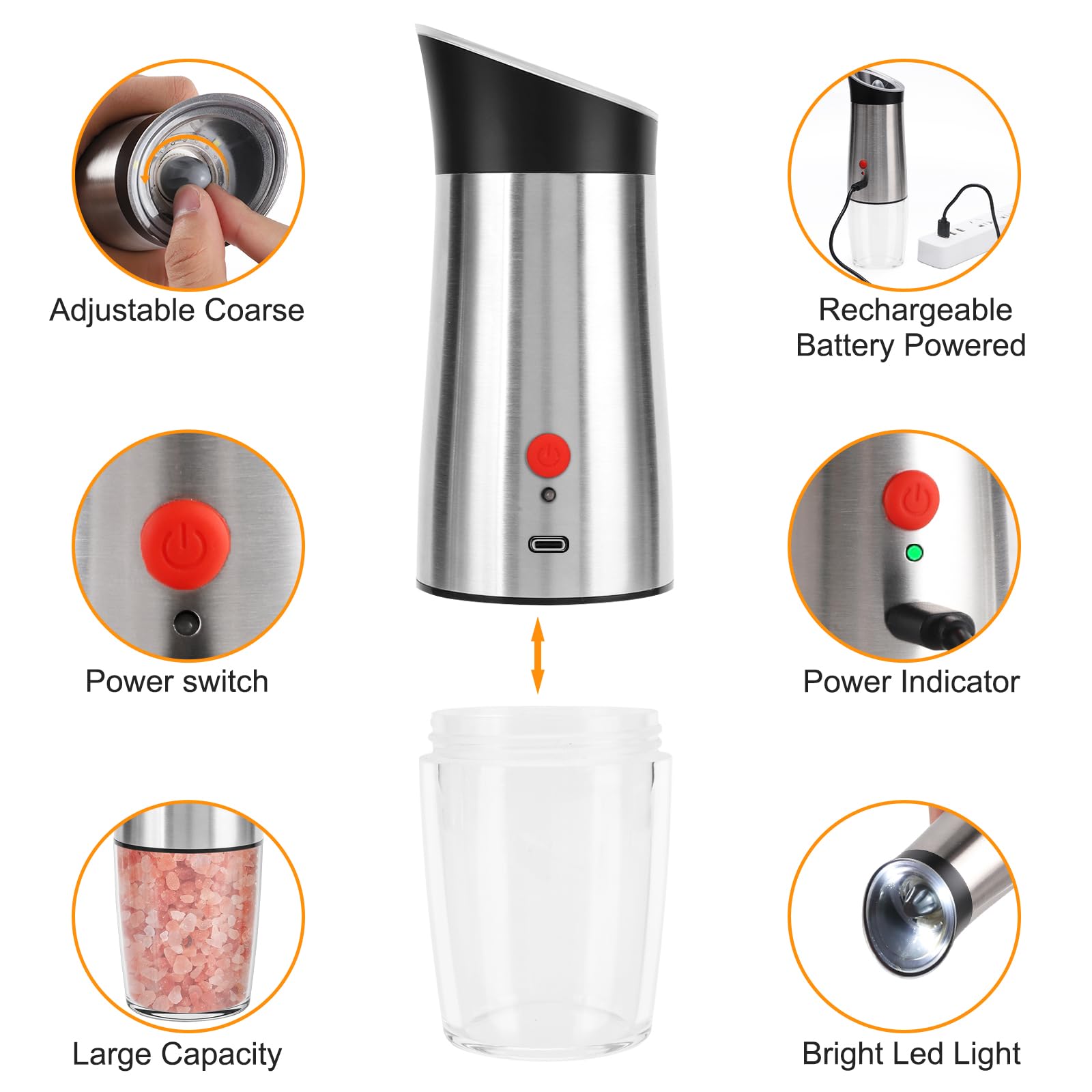 Elektryczny młynek do soli pieprzowej z akumulatorem: - Zestaw automatycznych młynków do pieprzu USB Gravity Salt, Regulowany shaker do pieprzu gruboziarnistego mielonego (srebro)