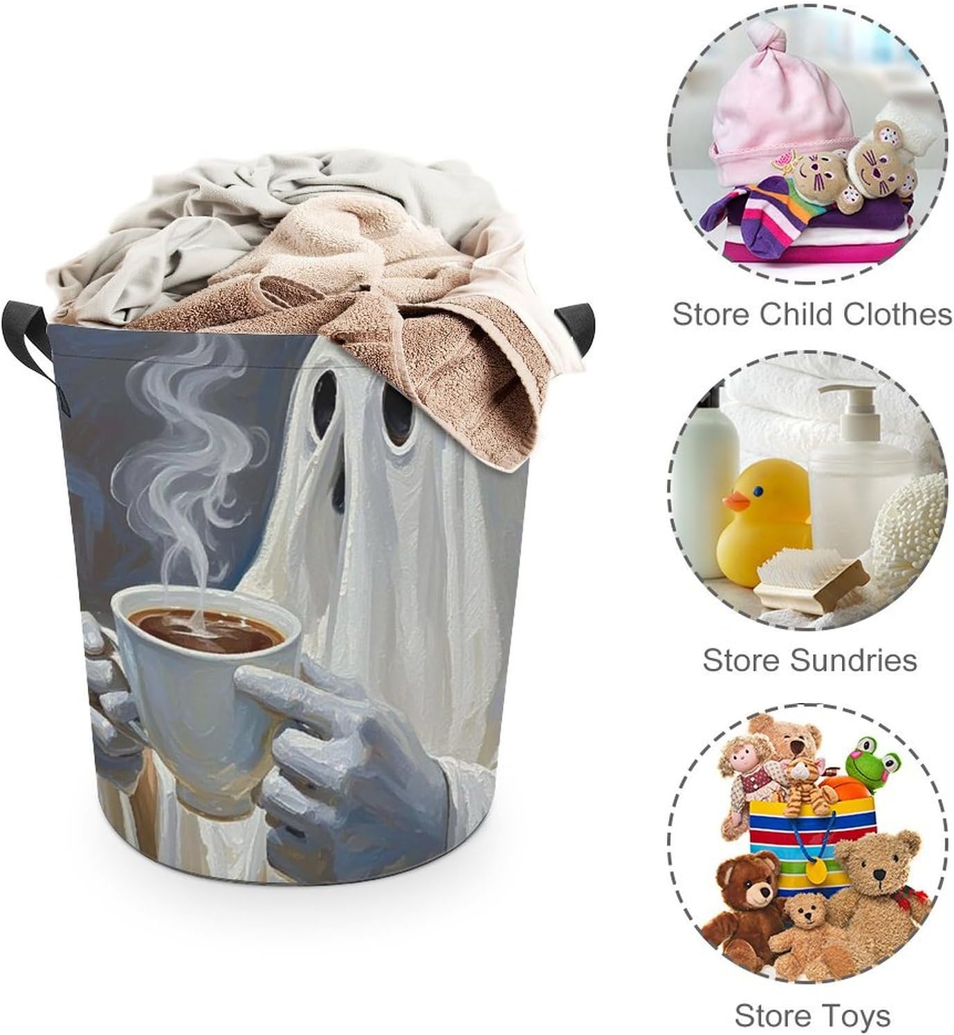 13.8 × 13.8 × 17.3 Inches Collapsible Laundry Baskets Ghosts Drinking Coffee Printed Waterproof Laundry Hamper Foldable Dirty Clothes Storage Bin for Bathroom Bedroom Office image 3