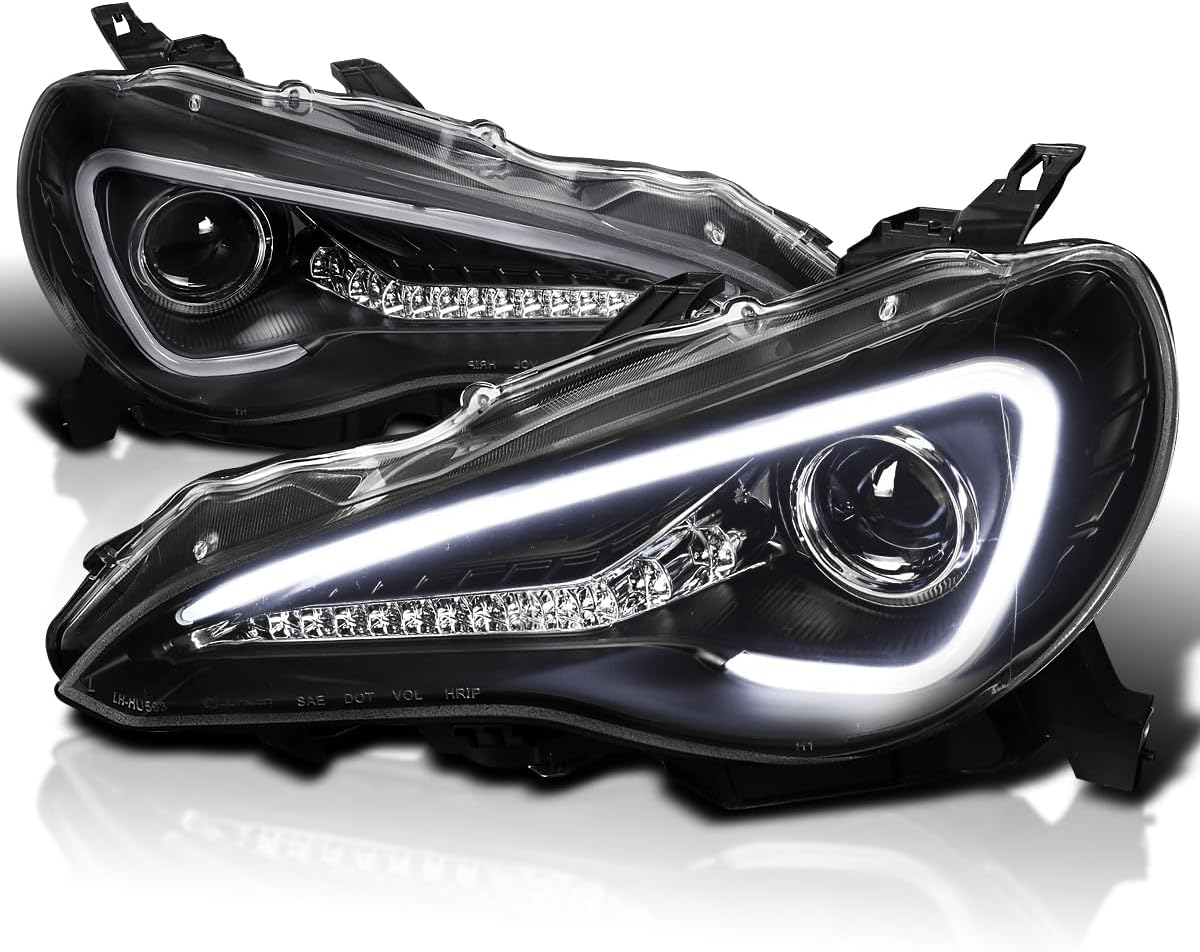 Black LED Tube Projector Headlights Compatible with 2013-2016 Scion FR-S FRS with Factory Halogen Headlights Left + Right Headlamps Assembly