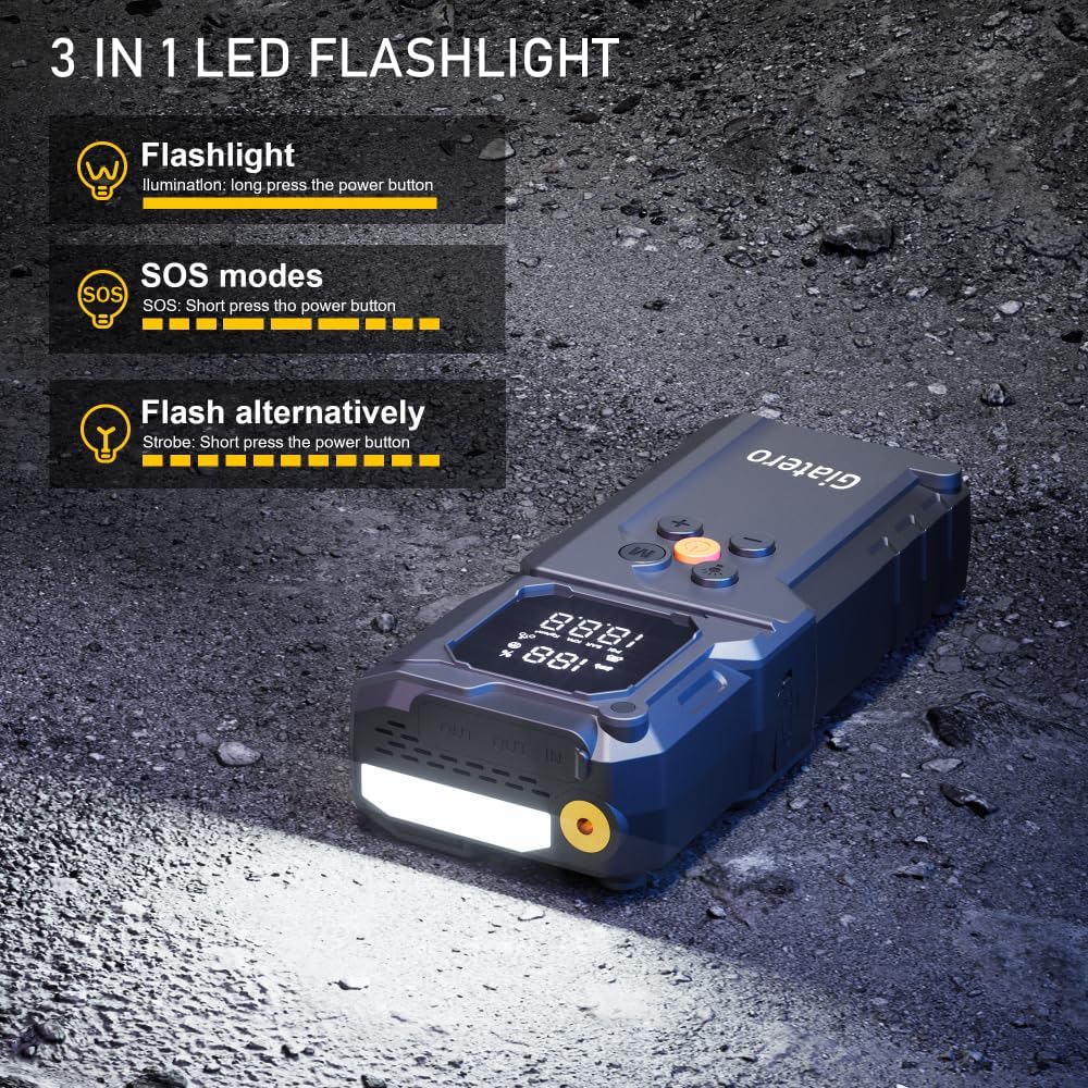 giatero Q27B Car Jump Starter's air inflator hose connected to a car tire valve.