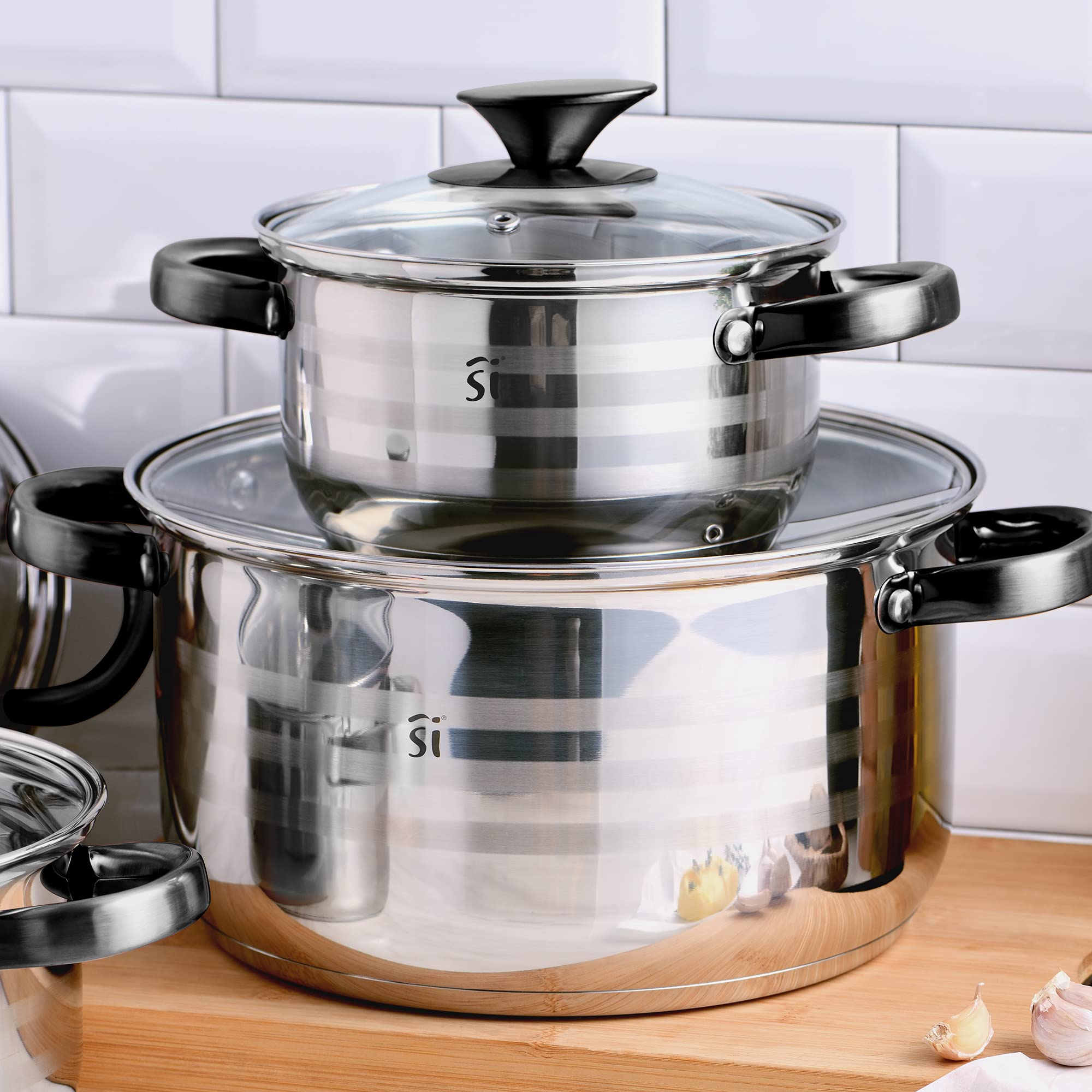 San Ignacio Premium Dina - Bateria de cocina de 4 piezas, acero inoxidable, 1.9L-2.7L-3.5L-5.1L, apta para todo tipo de cocinas incluido inducción, Gris, Pack 8 pcs