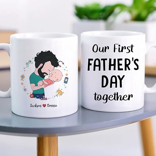 Miniatura 10 de Gossby Taza de café personalizada para el primer día del padre, Leveled Up to Daddy - Regalo personalizado para nuevo papá, regalo para papá por